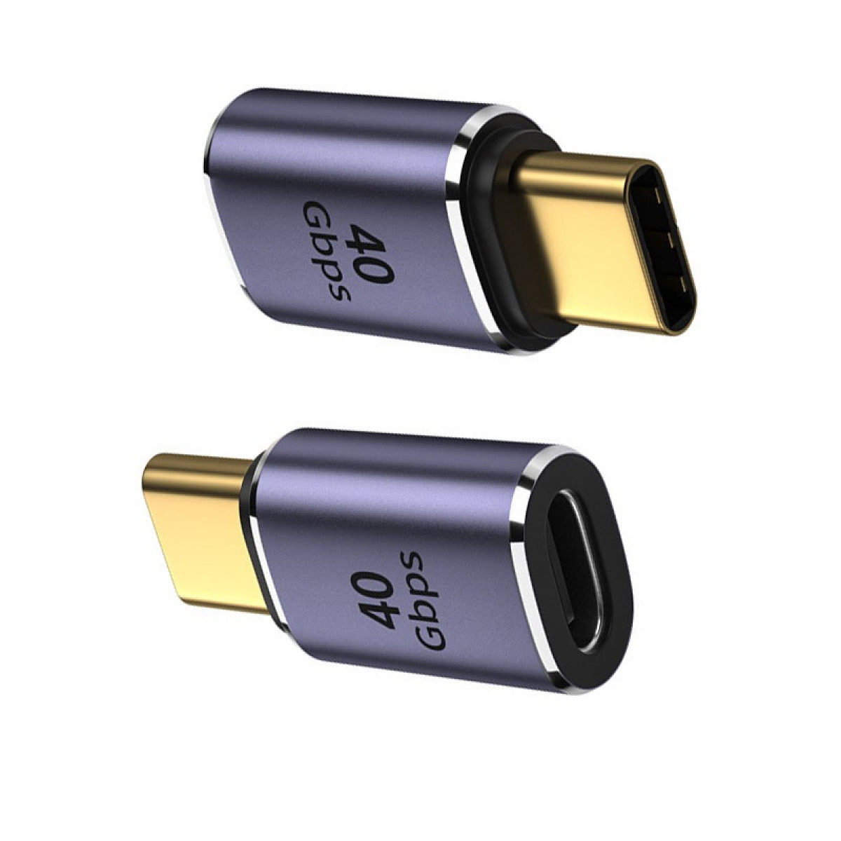 Zwei 40 Gbps USB-C Adapter mit grauem Metallgehäuse und vergoldeten Anschlüssen vor weißem Hintergrund.