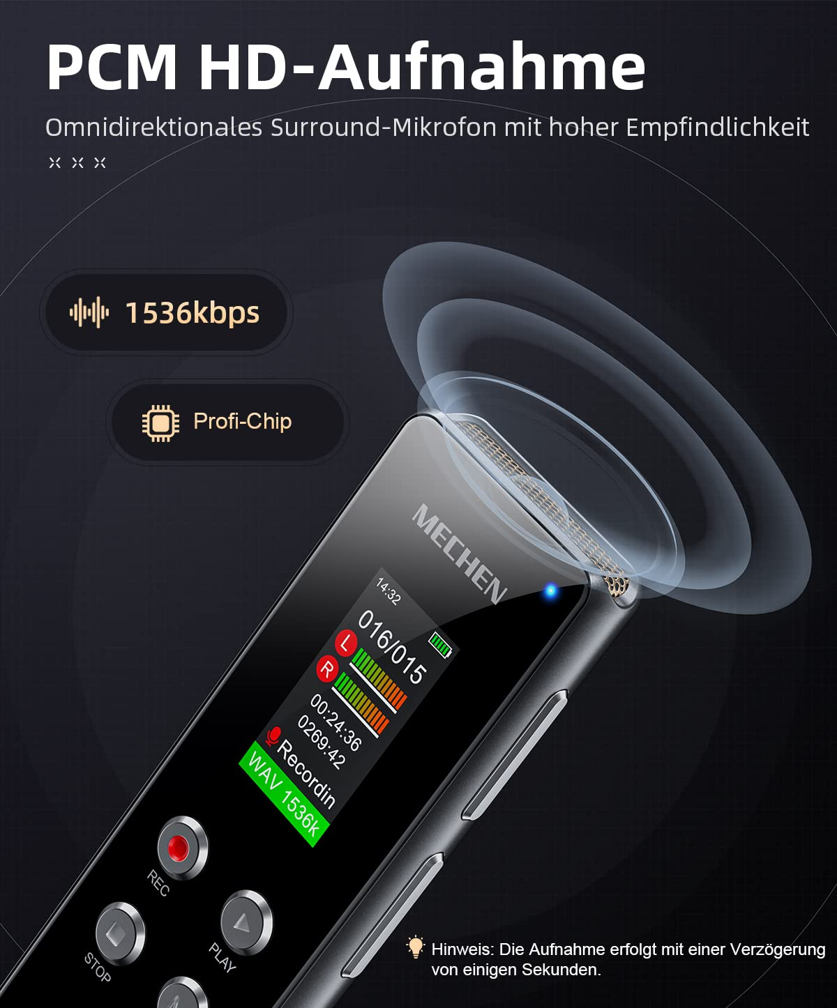Mechen Diktiergerät mit Display, Aufnahmetasten und 1536kbps.