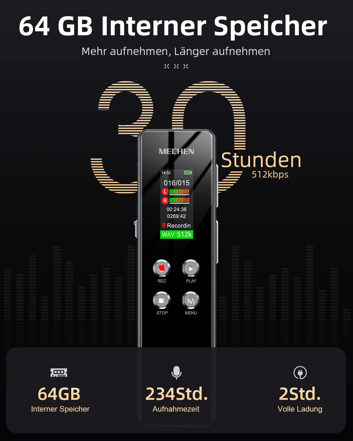 Schwarzer Digitaler Rekorder mit 64GB Speicher, farbigem Display und Tasten für REC, PLAY, STOP und MENU.