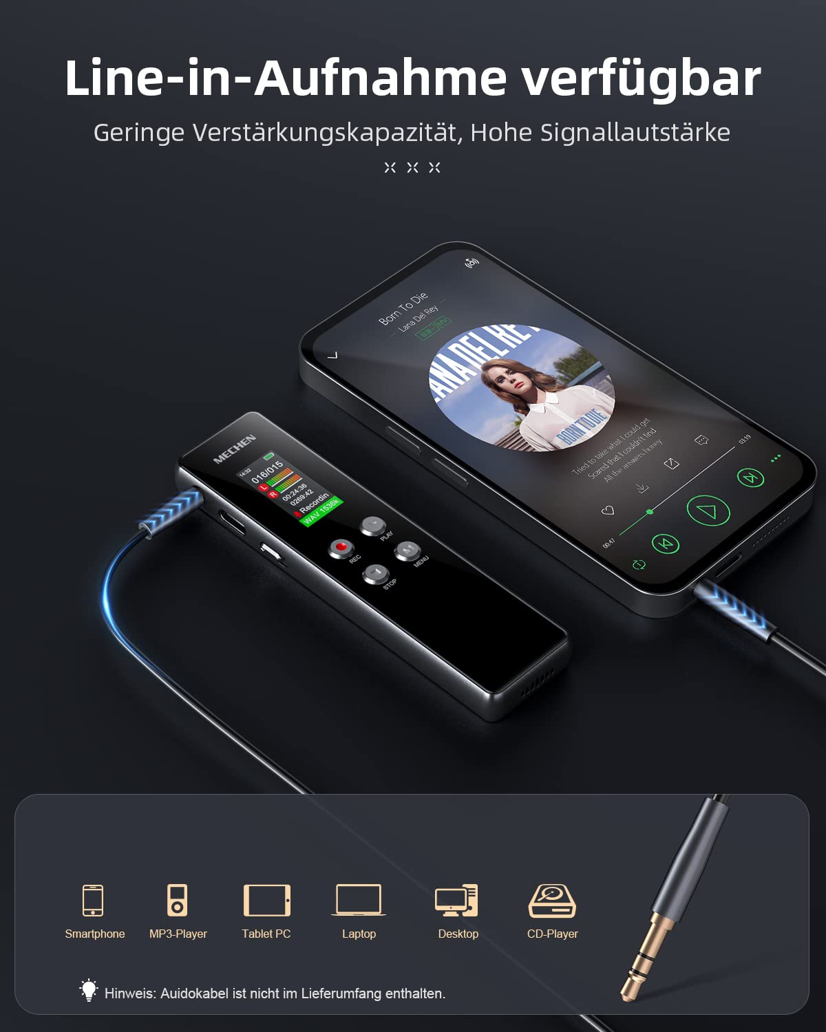 Ein Audiorekorder und ein Smartphone sind über ein blaues Kabel verbunden, unten sind kompatible Geräte aufgeführt.