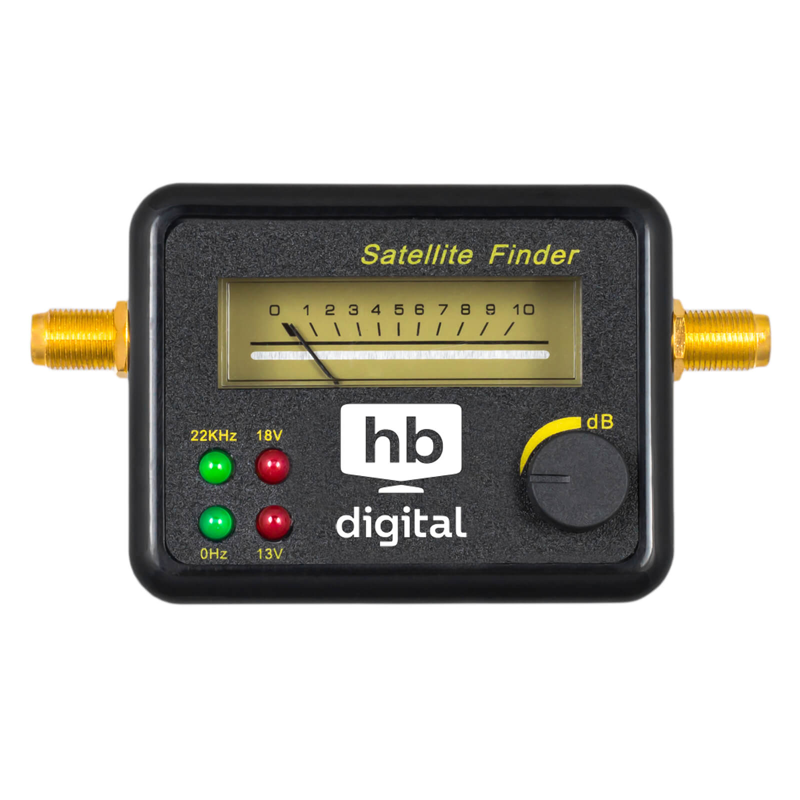 Ein schwarzer Satellitenfinder mit analogem Messgerät, LED-Anzeigen, Lautstärkeregler und goldenen Anschlüssen.