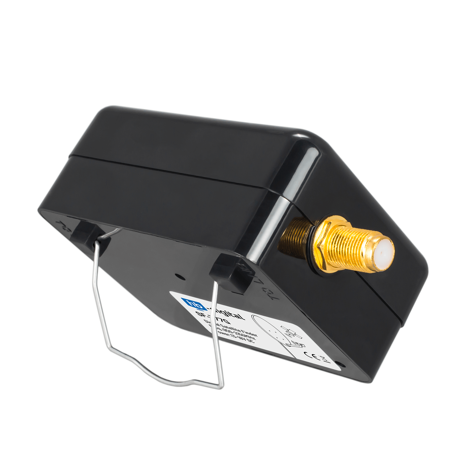 Ein schwarzer digitaler Satellitenfinder mit goldenem Anschluss und Metallständer auf weißem Hintergrund.