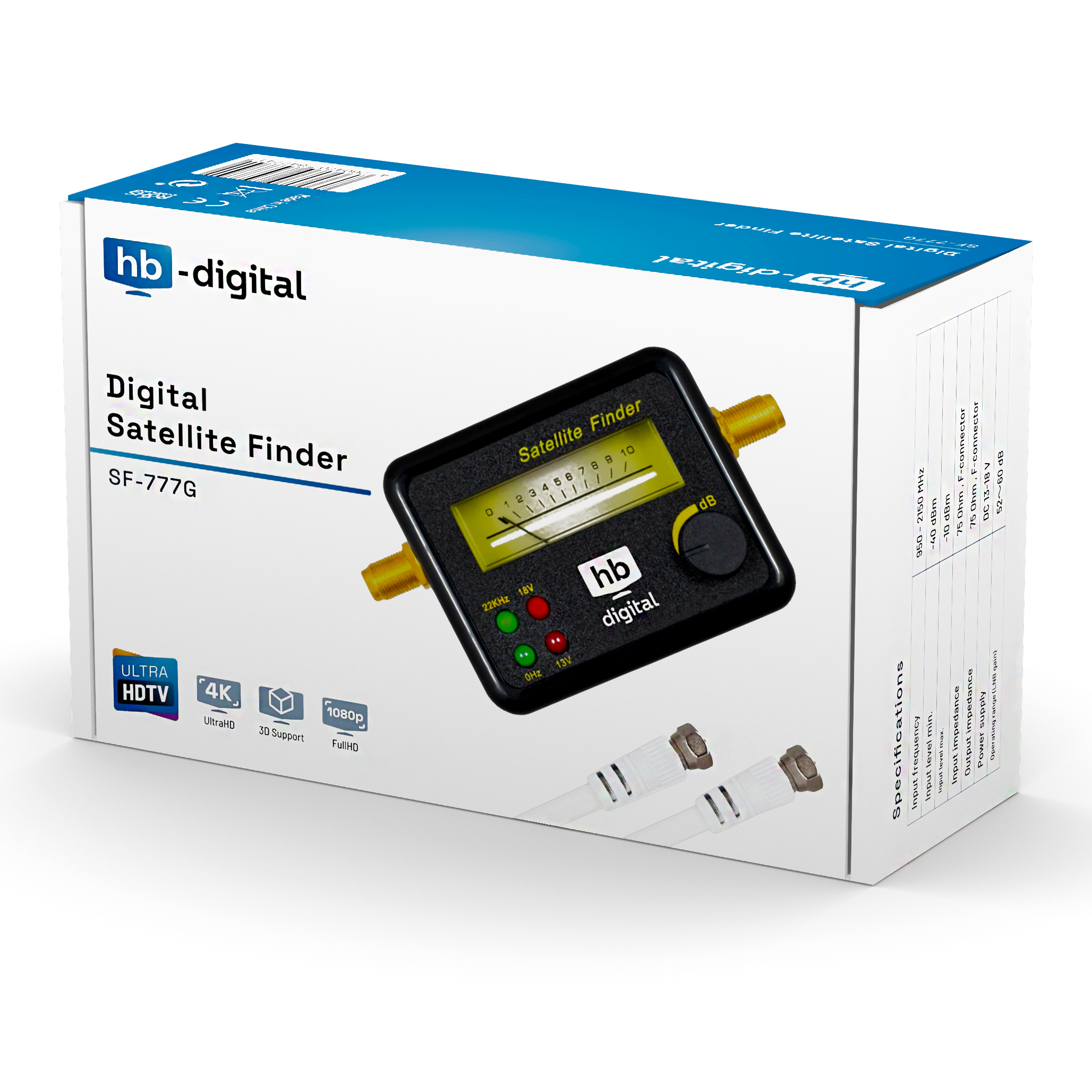 Digitale Satellitenfinder-Box in weiß und blau mit Gerät und Anschlüssen.