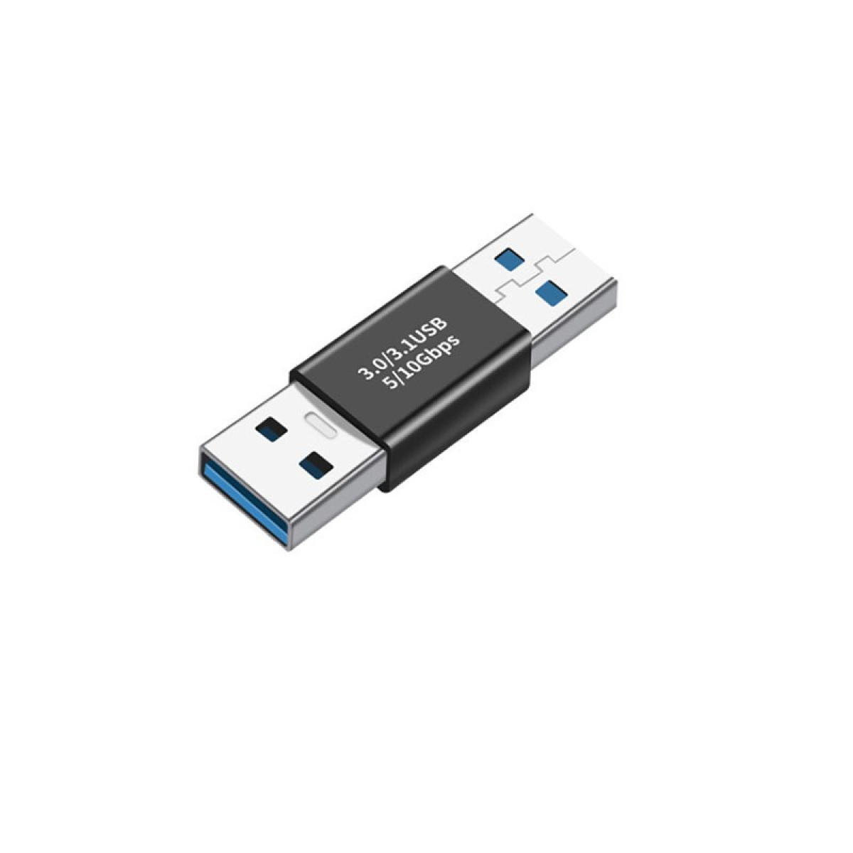 Ein schwarzer USB 3.0/3.1-Adapter mit silbernen Anschlüssen und weißer Aufschrift auf weißem Hintergrund.