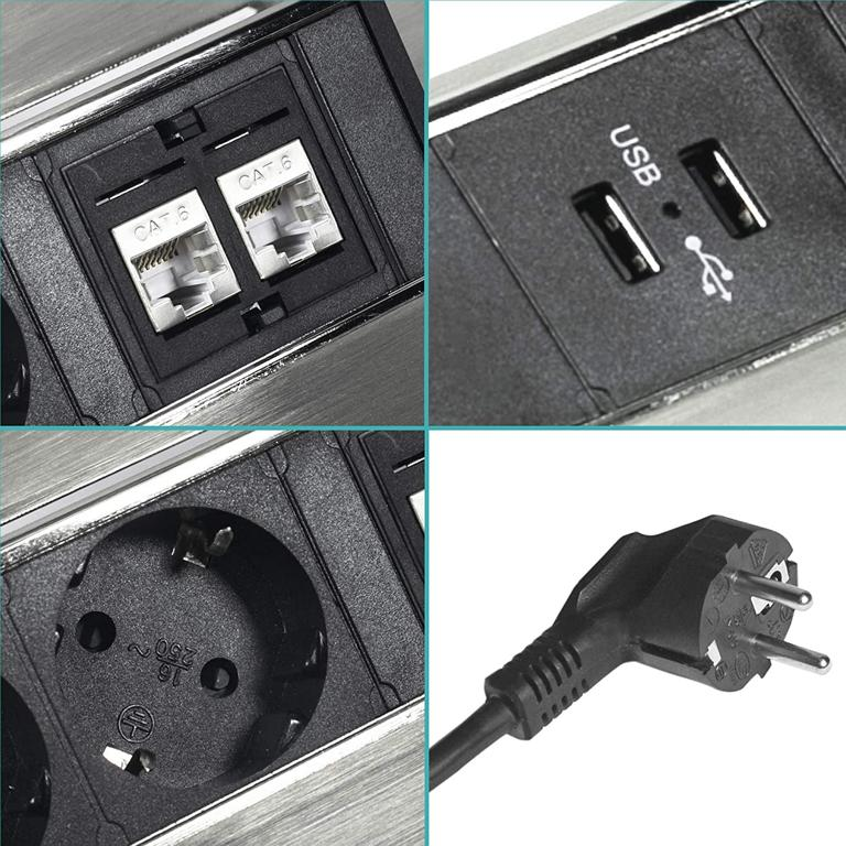 Vier Bilder zeigen Anschlüsse: zwei LAN-Buchsen, zwei USB-Ports, eine Steckdose und einen schwarzen Euro-Stecker.