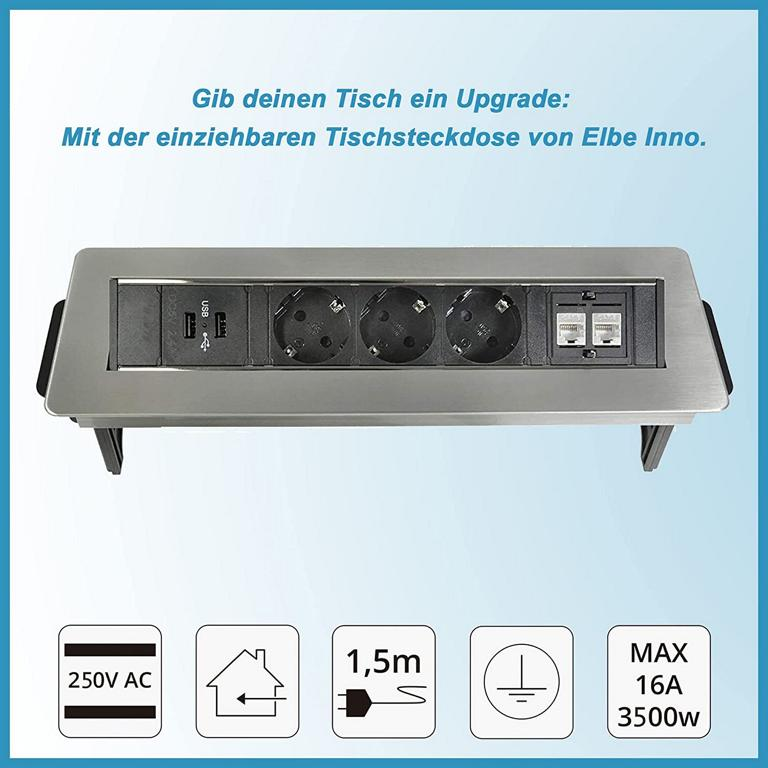 Eingelassene Steckdosenleiste mit USB und Netzwerkanschlüssen auf blauem Hintergrund mit Text und Icons.