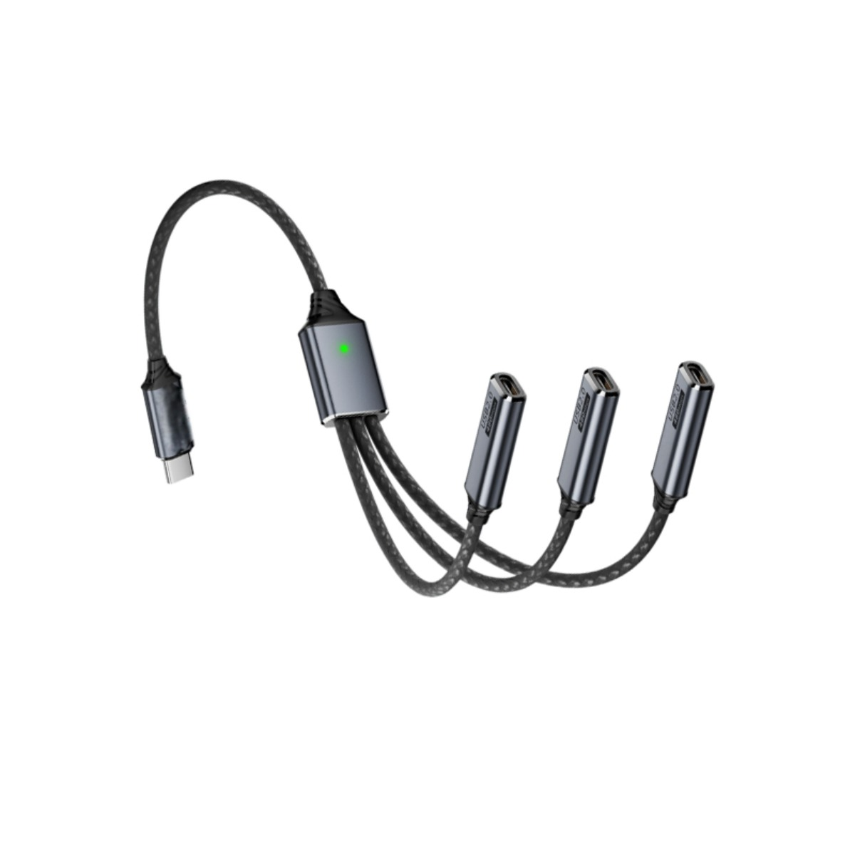 Ein grauer USB-C-Splitter mit einem Eingang und drei Ausgangskabeln.