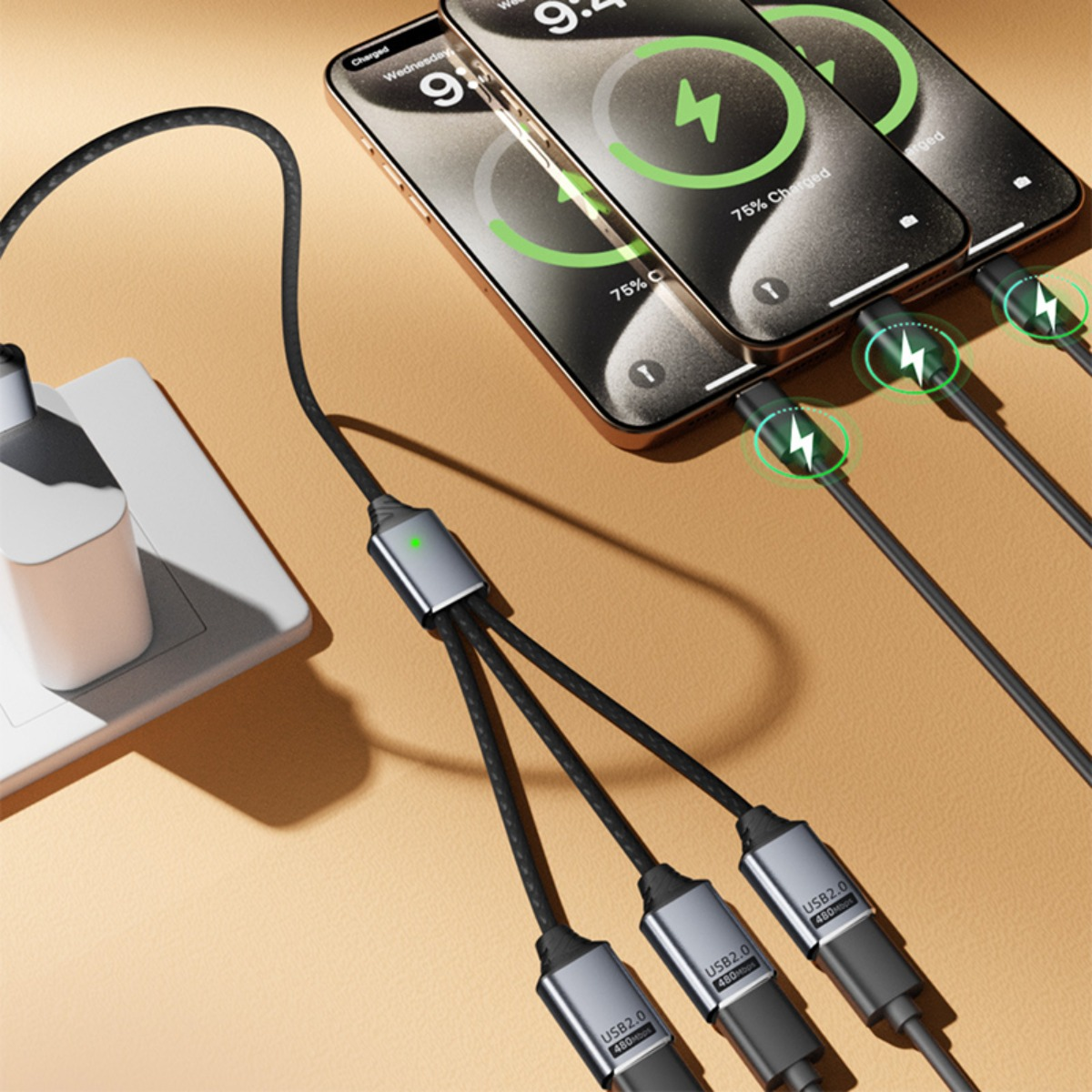 Ein einarmiges Ladekabel verbindet eine Steckdose mit drei Smartphones, die auf einer beigen Oberfläche aufgeladen werden.