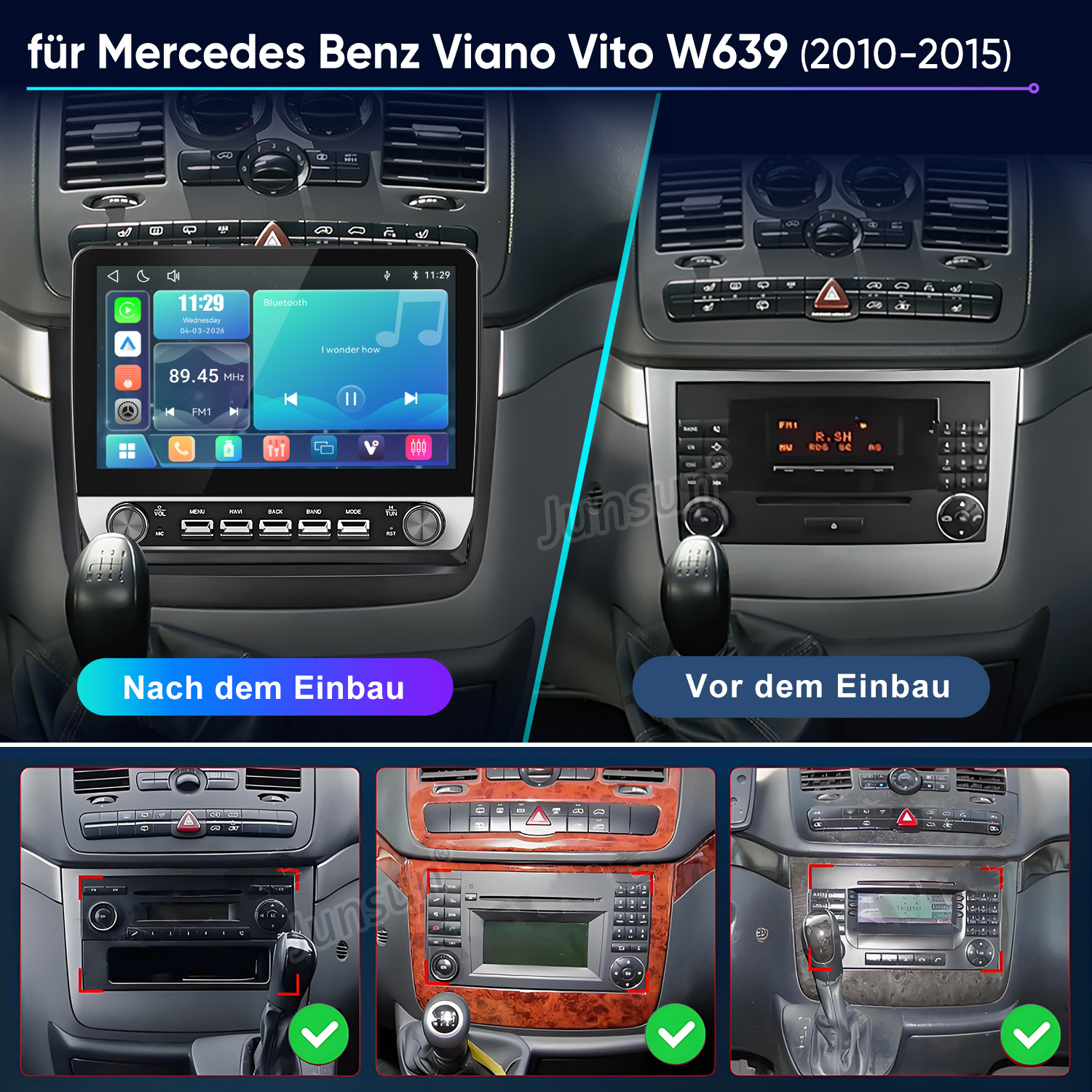 Vergleich der Mercedes Viano Mittelkonsole vor und nach dem Einbau eines neuen Infotainmentsystems.