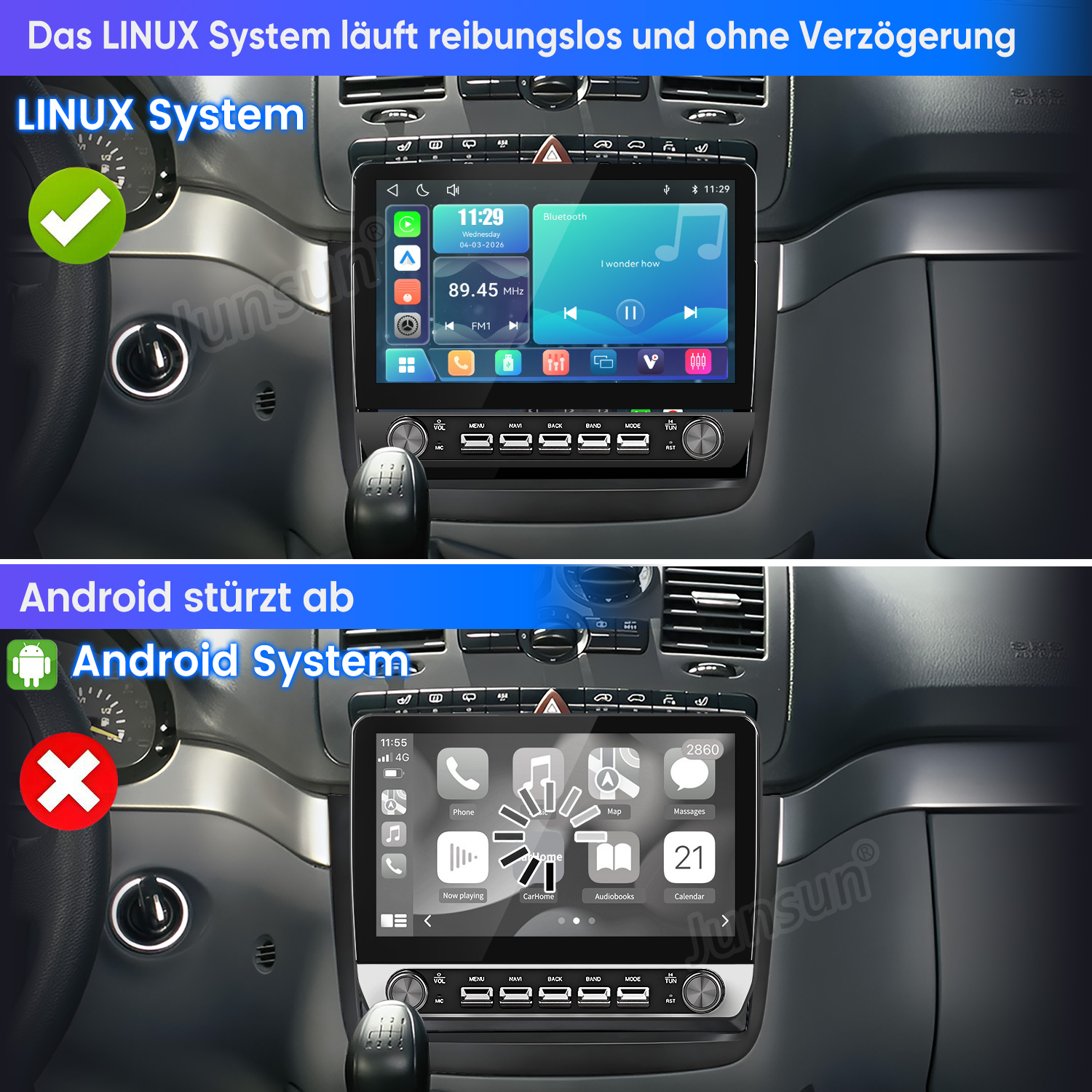 Vergleich zweier Autoradios: Ein Linux-System läuft reibungslos, während ein Android-System abstürzt.
