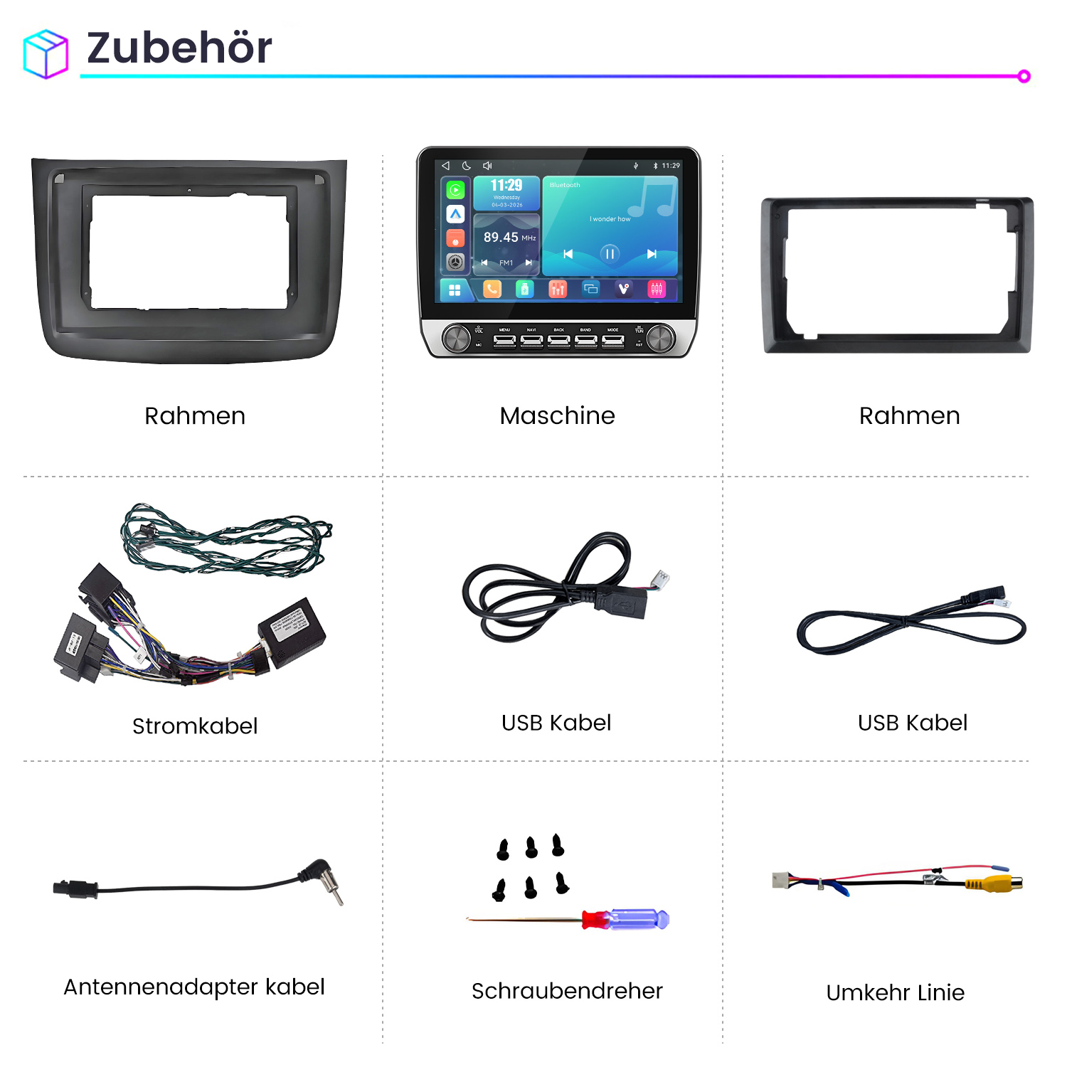 Übersicht von Autozubehör, inklusive Rahmen, Touchscreen-Radio, Kabeln und Werkzeug.