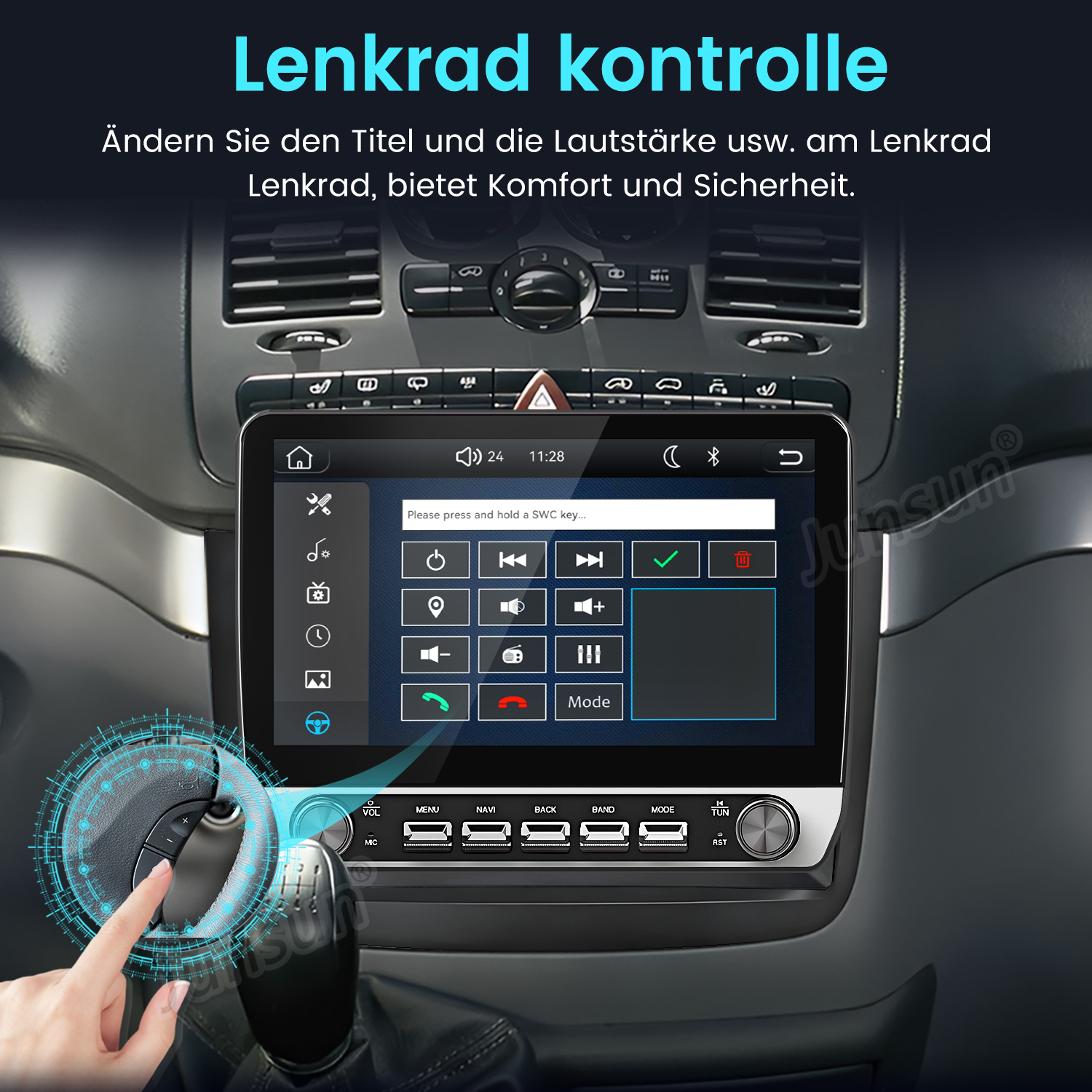 Ein Auto-Multimedia-Display zeigt Lenkradsteuerungsoptionen mit Tasten und Symbolen.
