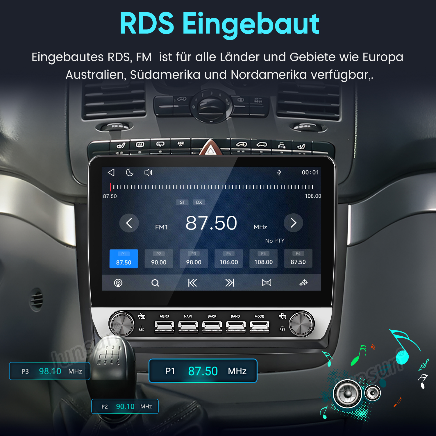 Autoradio mit großem Touchscreen, FM-Radio-Oberfläche, physischen Tasten und Reglern in einem Auto-Armaturenbrett.
