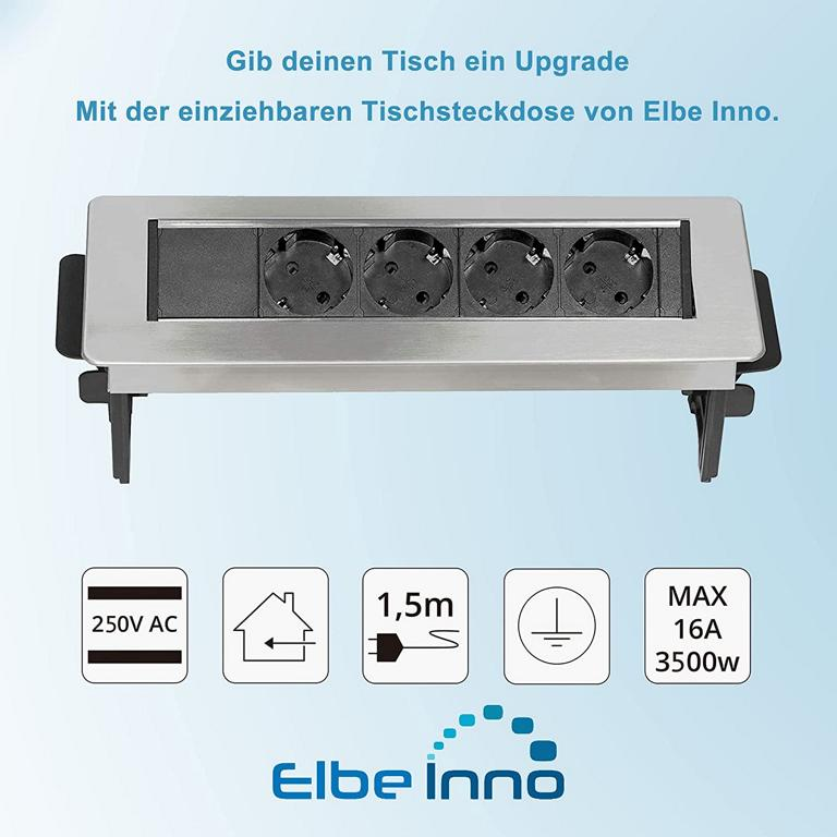 Versenkbare Tischsteckdose mit vier Steckplätzen, Schutzleiter und technischen Symbolen.