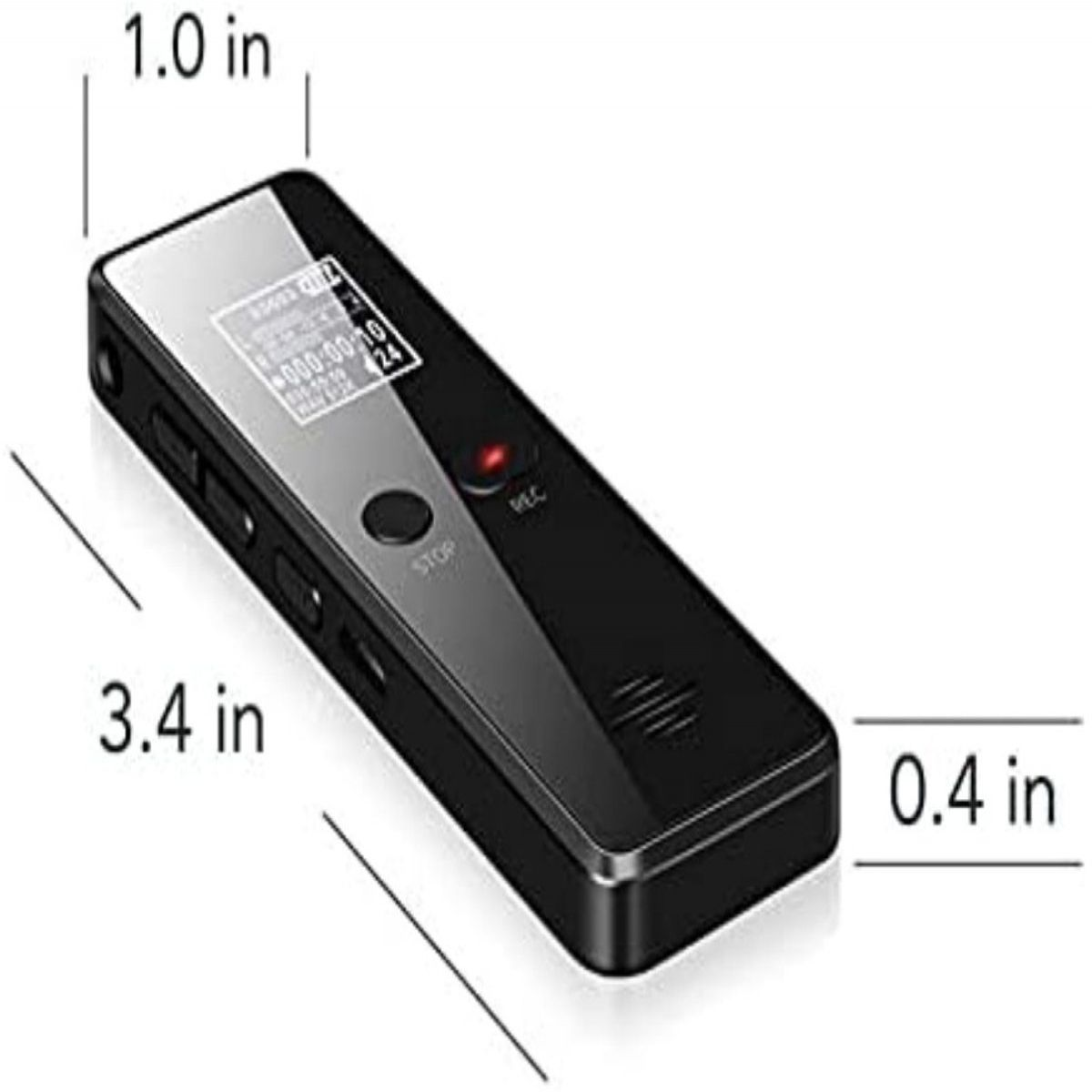 Ein schwarzer digitaler Diktiergerät mit Abmessungen von 3,4 Zoll Länge, 1,0 Zoll Breite und 0,4 Zoll Dicke.