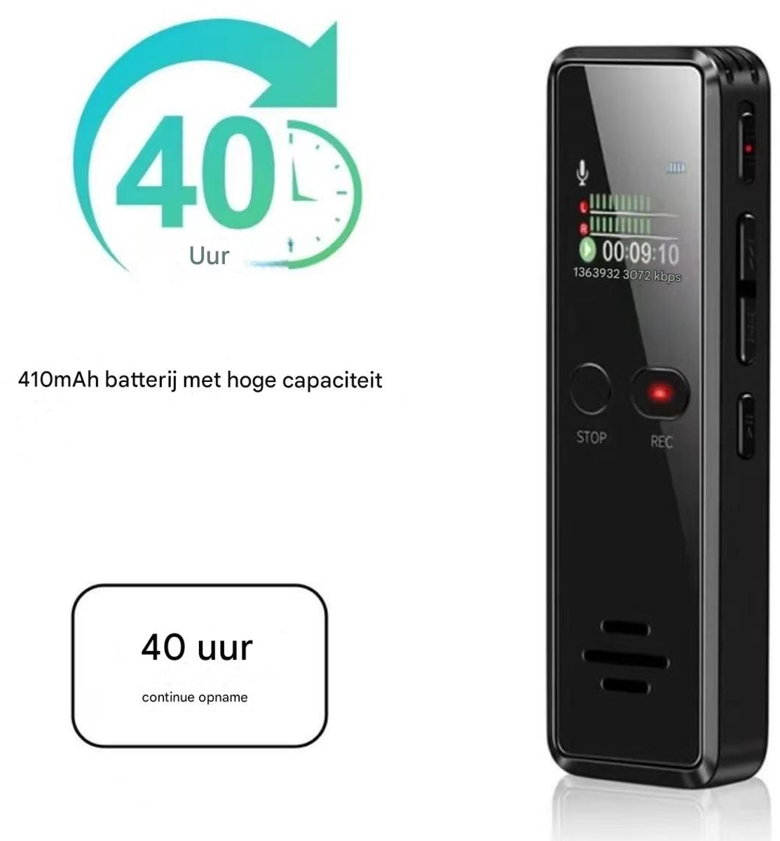 Ein schwarzer digitaler Diktiergerät mit leuchtendem Bildschirm neben Text auf Niederländisch.