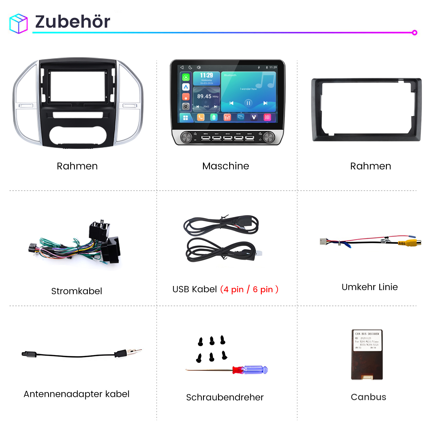 Ein Produktkatalog mit Autoradio-Zubehör wie Rahmen, Bildschirm, Kabeln, Schrauben und einem Canbus.