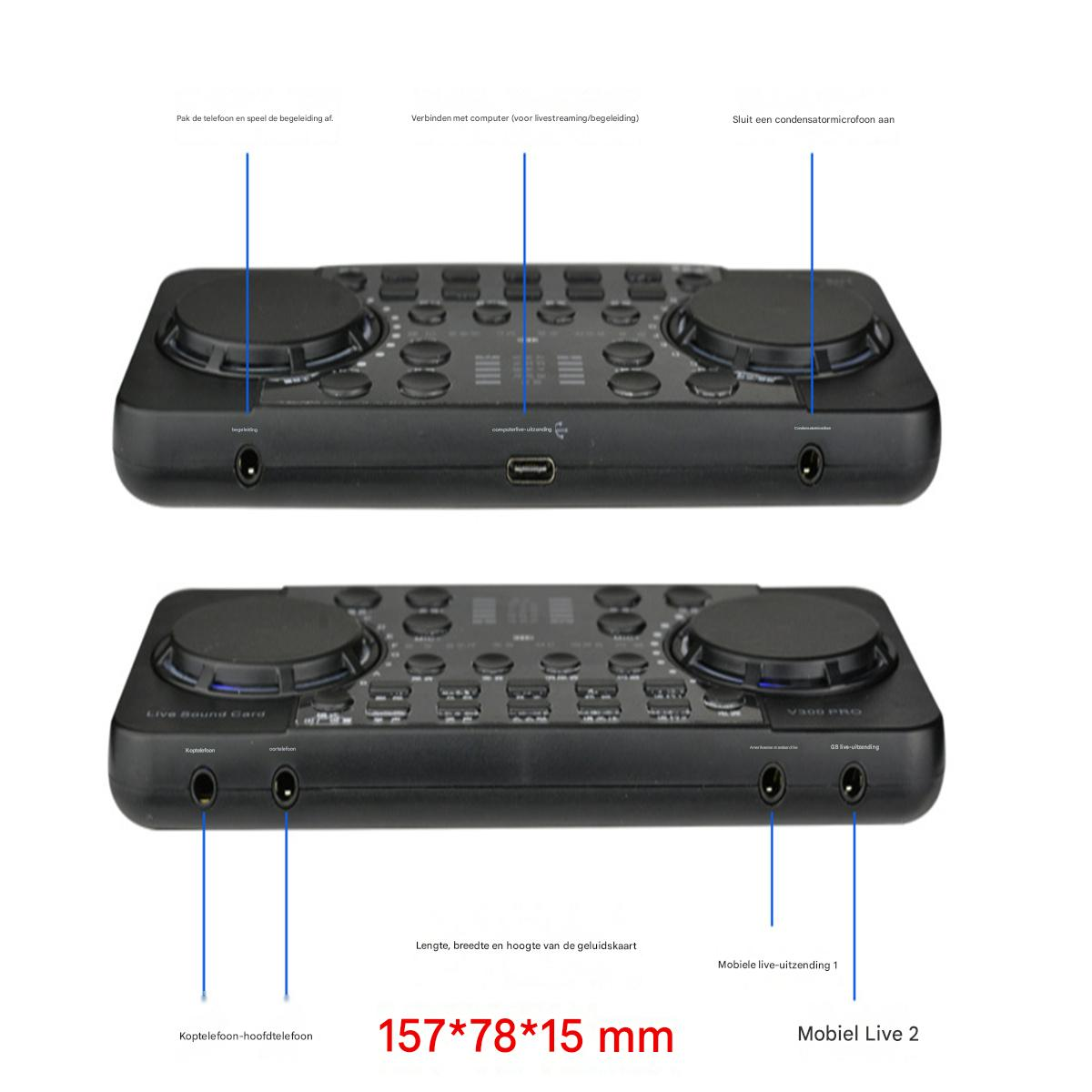 Zwei schwarze Audio-Interface-Einheiten zeigen Ober- und Vorderansicht mit Anschlussbeschriftungen und Maßen.