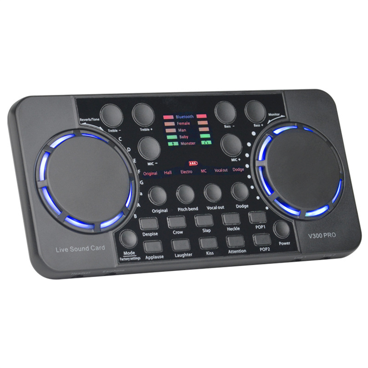Schwarze V300 Pro Live Soundkarte mit blauen Ringen und vielen Tasten auf einem Tisch.