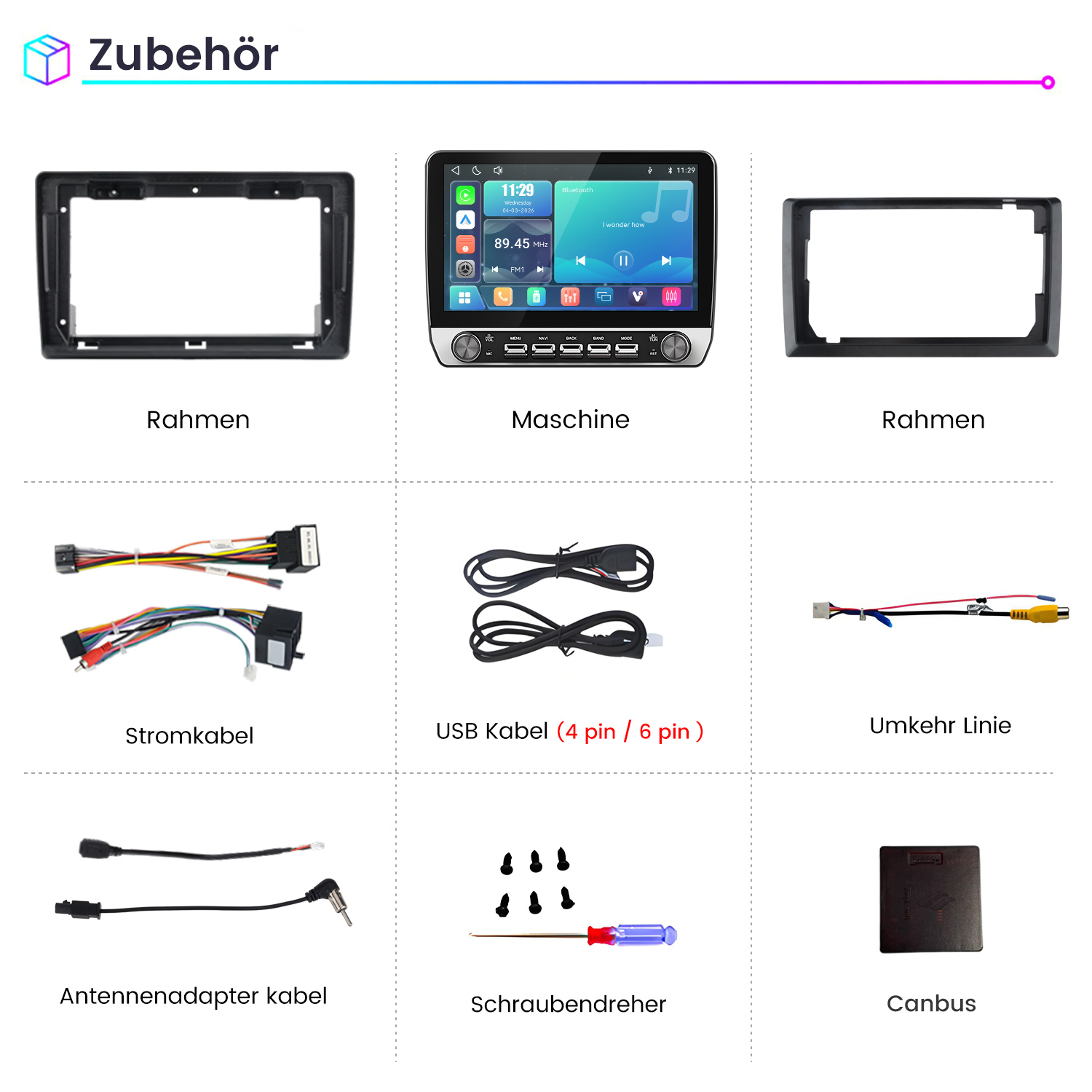 Autoradio-Zubehör wie Rahmen, Hauptgerät, Kabel, USB, Rückfahrkamera-Kabel und Schrauben.