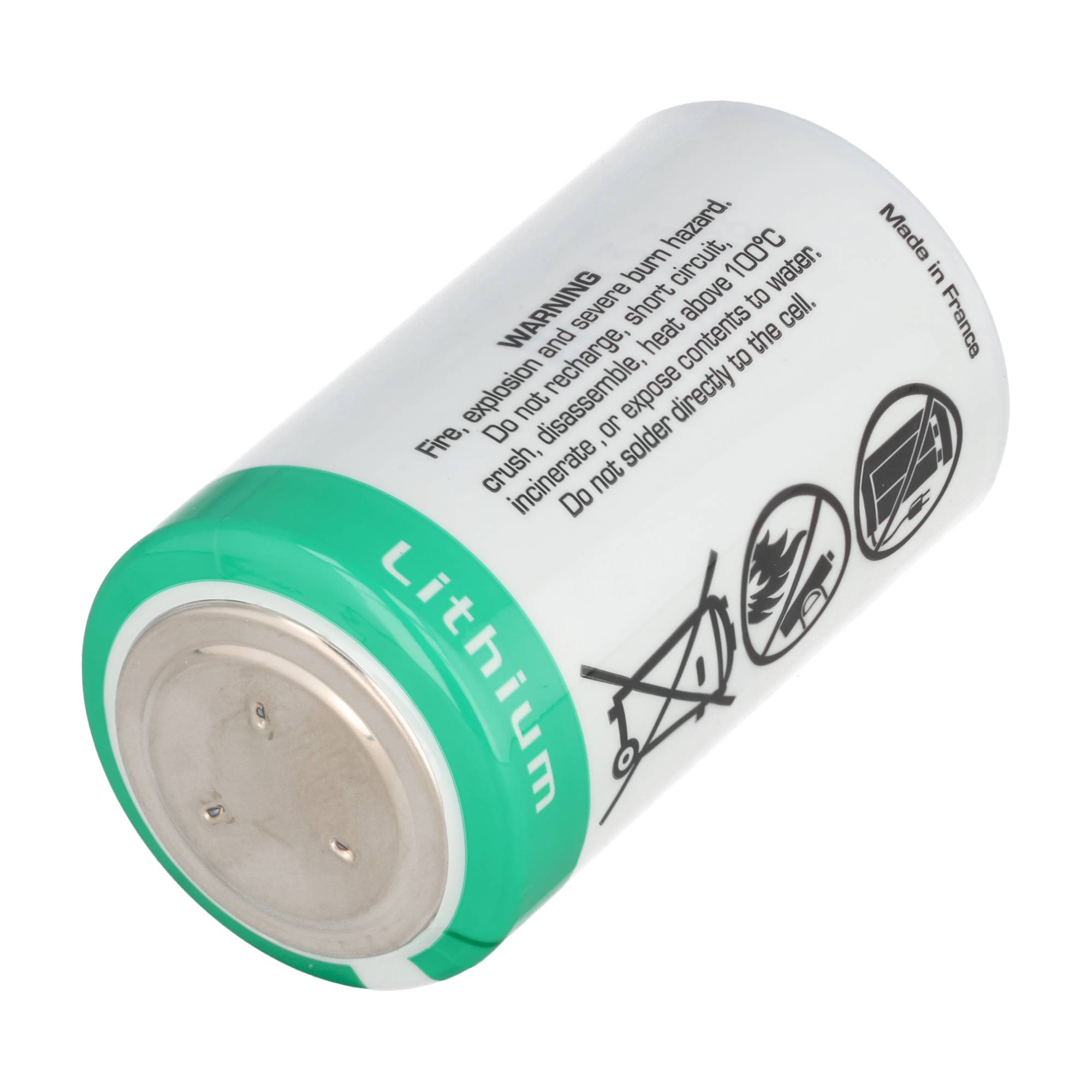 Eine Lithium-Batterie mit Warntext und Piktogrammen auf weißem und grünem Hintergrund.