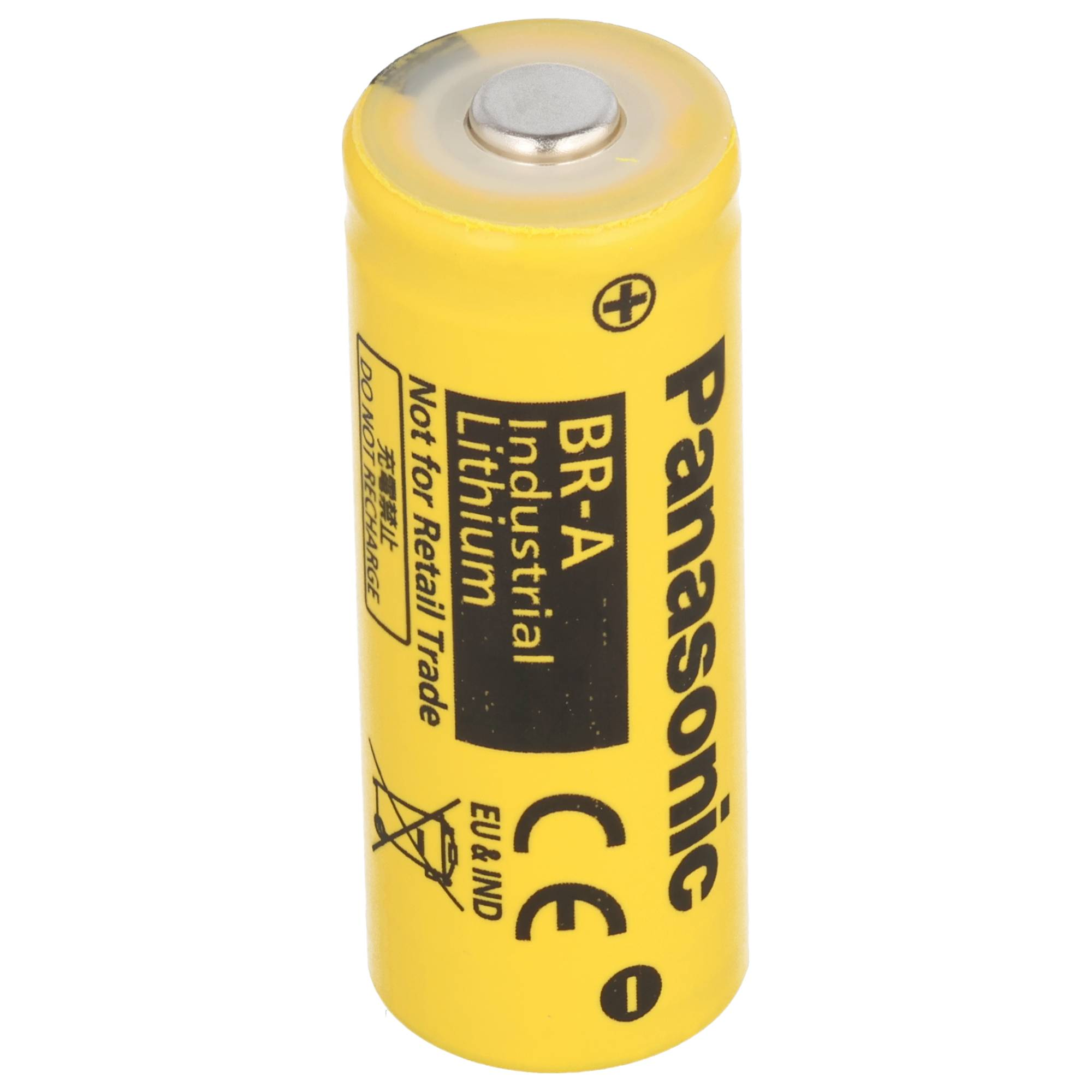 Gelbe Panasonic BR-A Industriebatterie aus Lithium mit CE-Zeichen auf weißem Hintergrund.