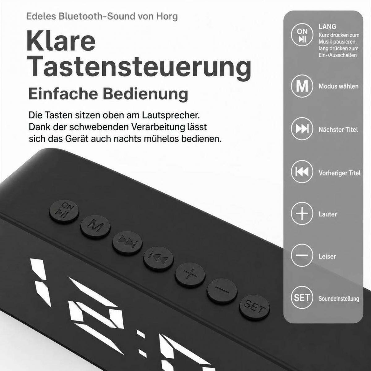 Ein schwarzer Bluetooth-Lautsprecher mit deutscher Anleitung zu den Tastenfunktionen oben auf dem Gerät.