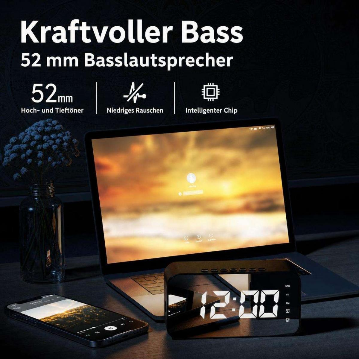 Digitale Weckeruhr, Laptop und Smartphone auf einem Holztisch mit Text oben.