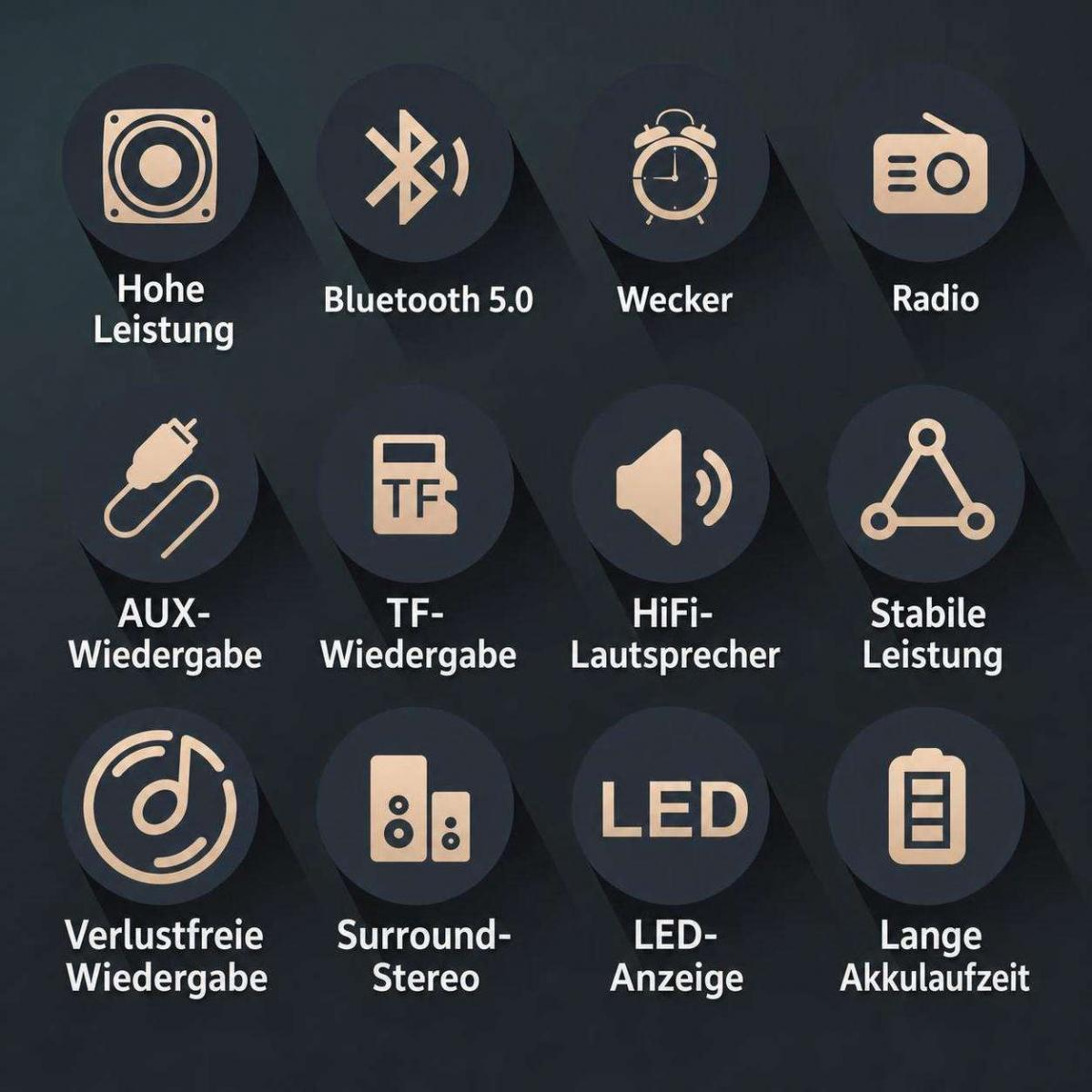 Zwölf runde Symbole mit Icons und deutschen Texten zeigen Lautsprechereigenschaften auf dunkelgrauem Hintergrund.
