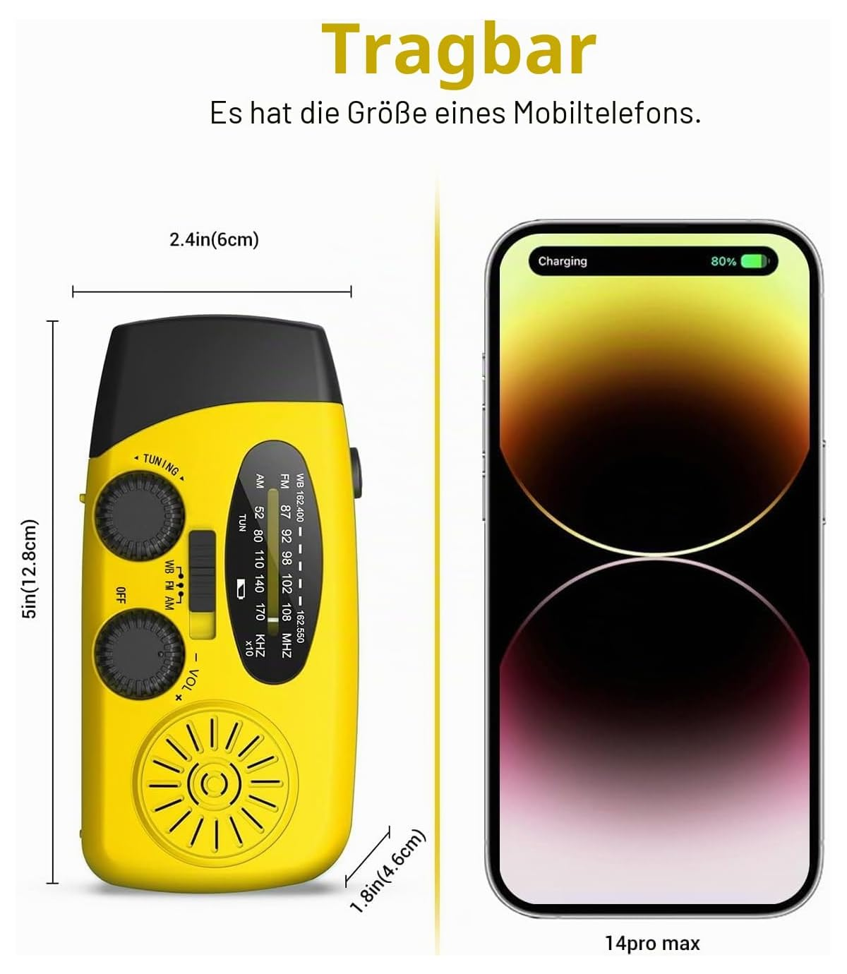 Vergleich der kompakten gelben Notfallradio-Größe mit einem iPhone 14 Pro Max mit Maßen.