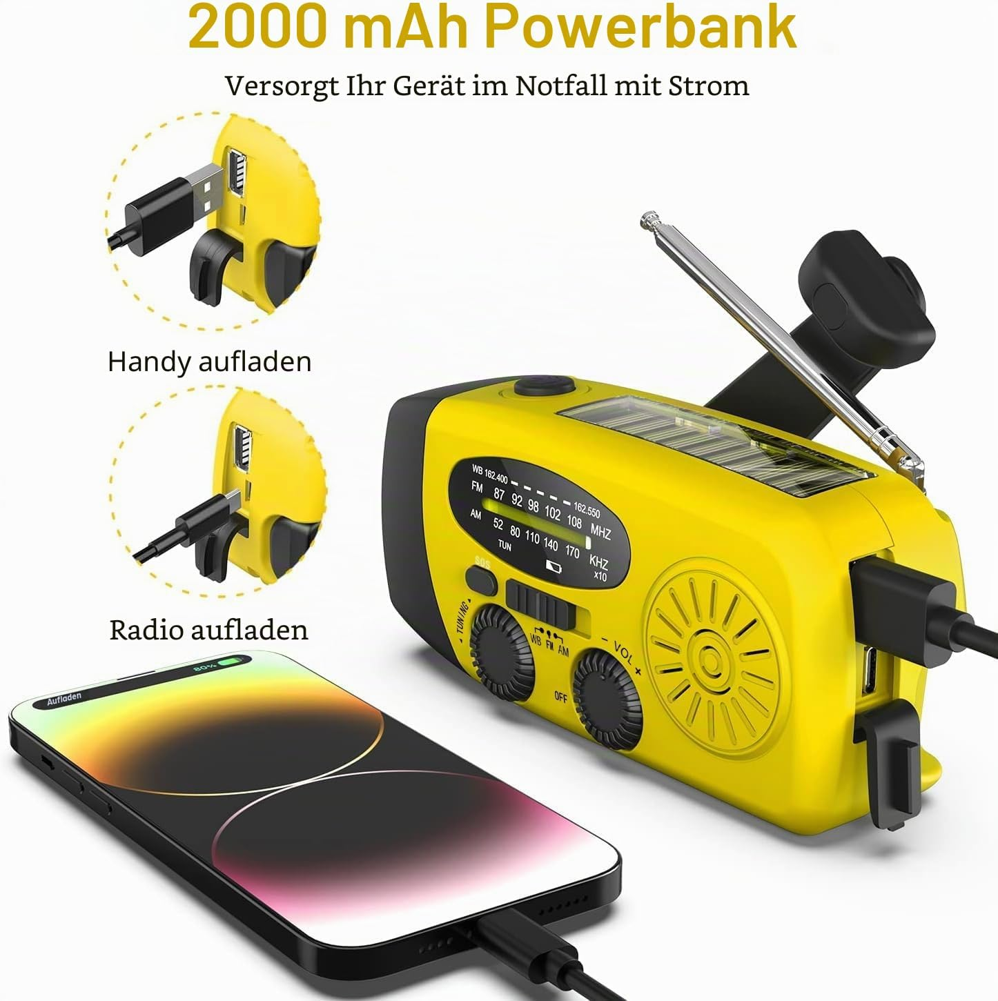 Gelbes Notfallradio mit Solarpanel, Kurbel und Powerbank lädt ein Smartphone über USB-Kabel.