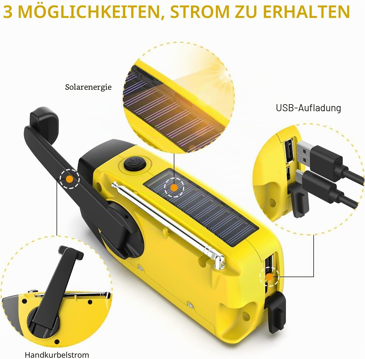 Gelbes Notfallradio mit drei Lademöglichkeiten: Solar, Handkurbel und USB.