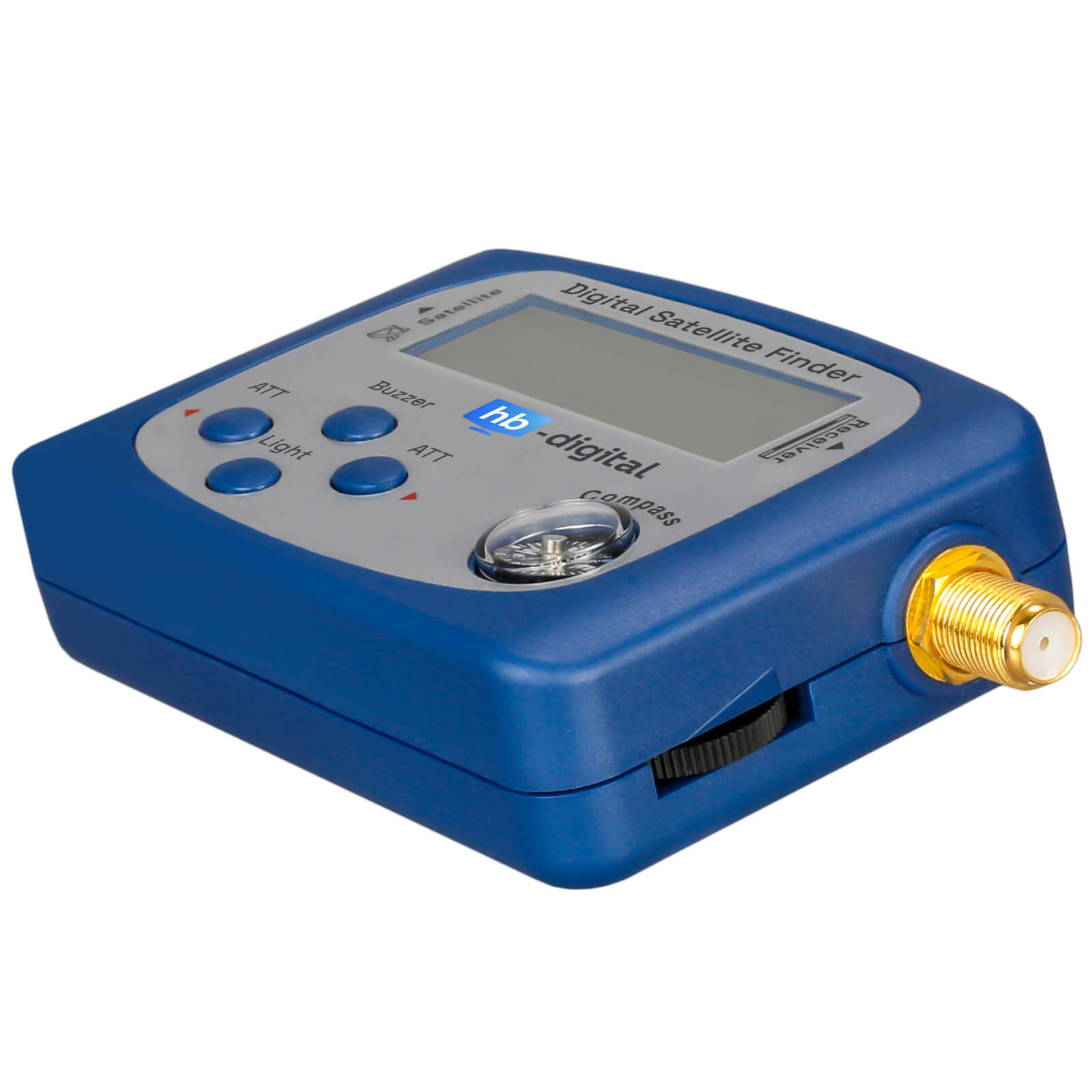 Blauer digitaler Satellitenfinder mit LCD-Bildschirm, blauen Tasten, Kompass und goldenem Antennenanschluss.