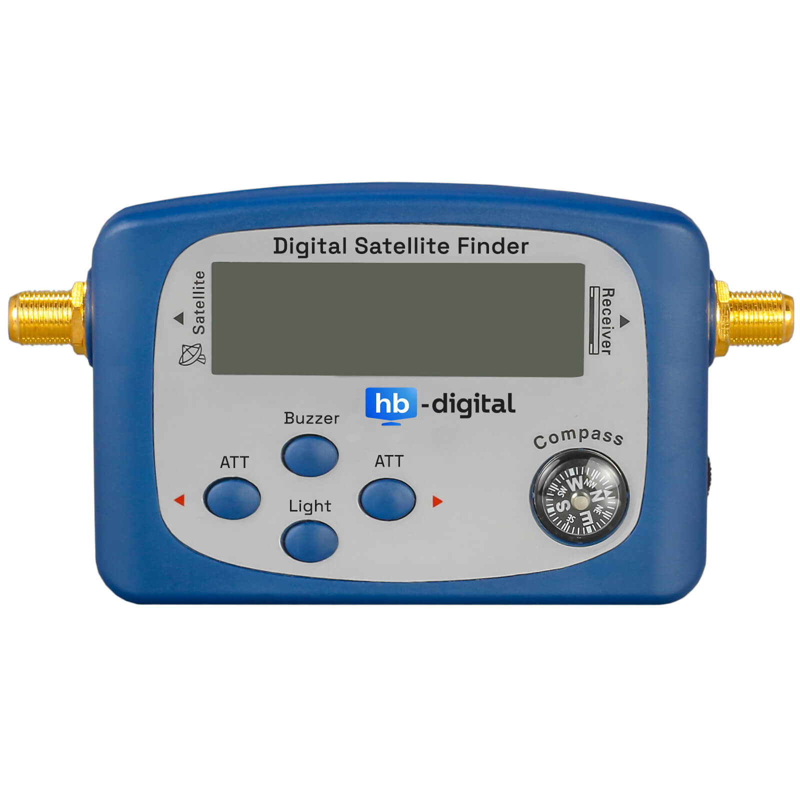 Blauer digitaler Satellitenfinder mit Display, Knöpfen, Kompass und Anschlüssen.