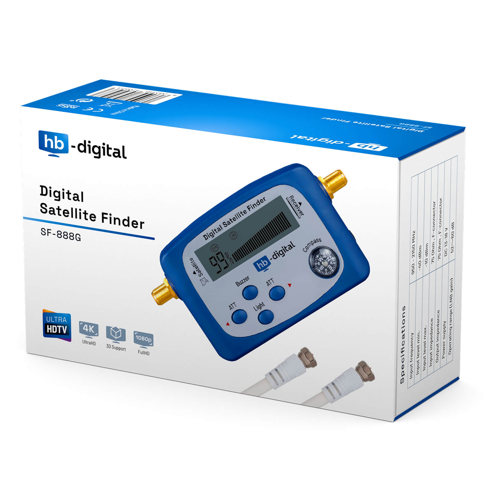 Ein blau-weißer Karton für einen digitalen Satellitenfinder mit Produktabbildung und technischen Daten.