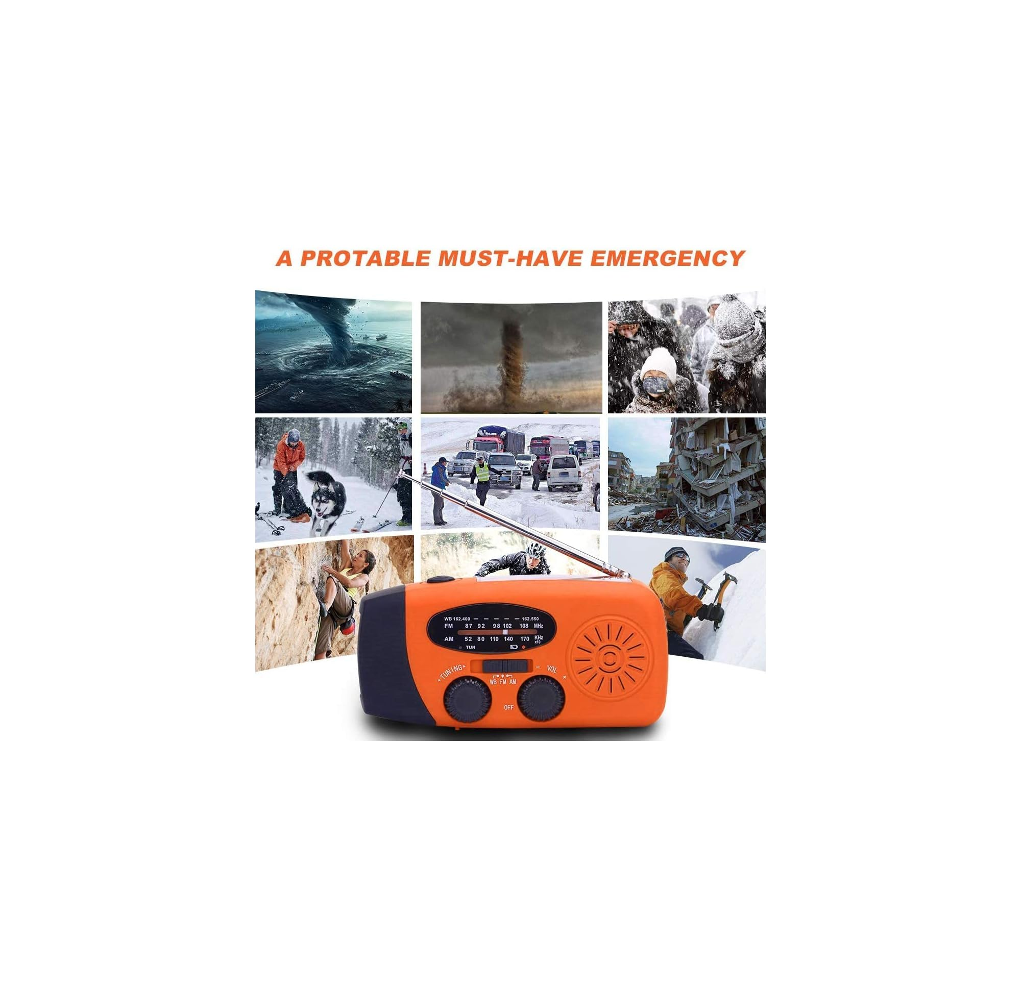 Ein tragbares orange-schwarzes Notrufradio vor einer Collage von Bildern zu Naturkatastrophen.