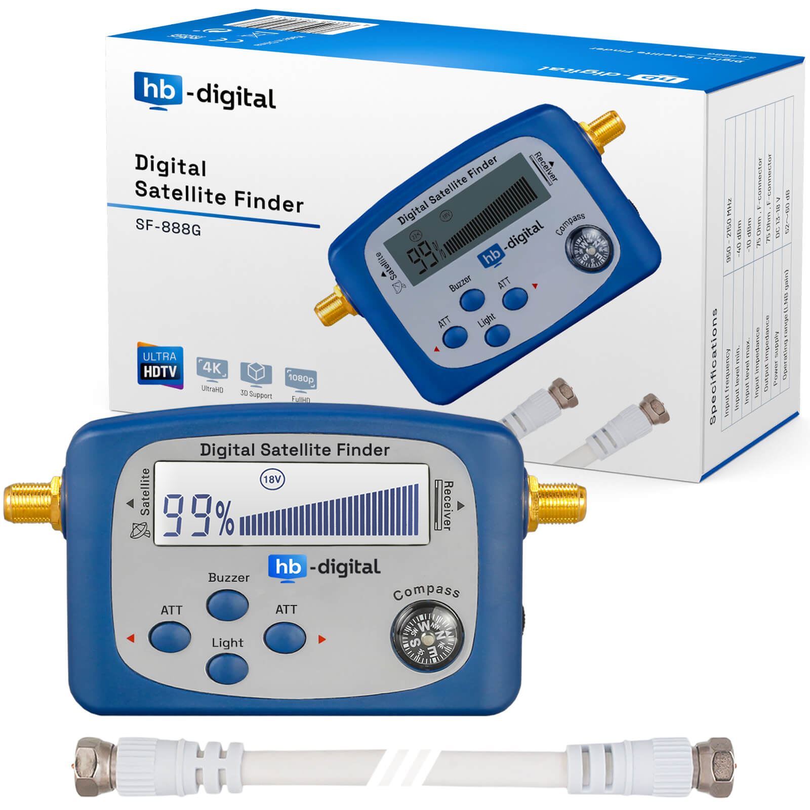 Ein blauer hb-digital Satellitenfinder mit Display und Knöpfen liegt vor seiner Verpackung und einem kurzen Kabel.
