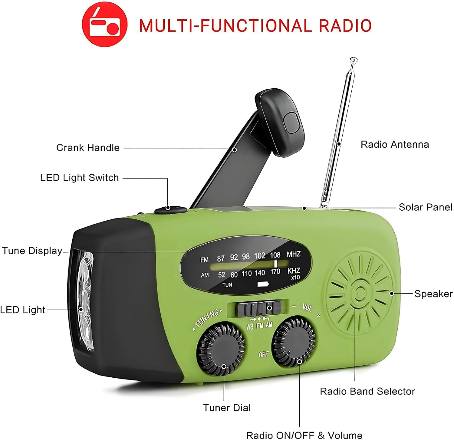 Grünes multifunktionales Radio mit Kurbel, Antenne, Lautsprecher, LED-Licht, Solarpanel und Bedienelementen.