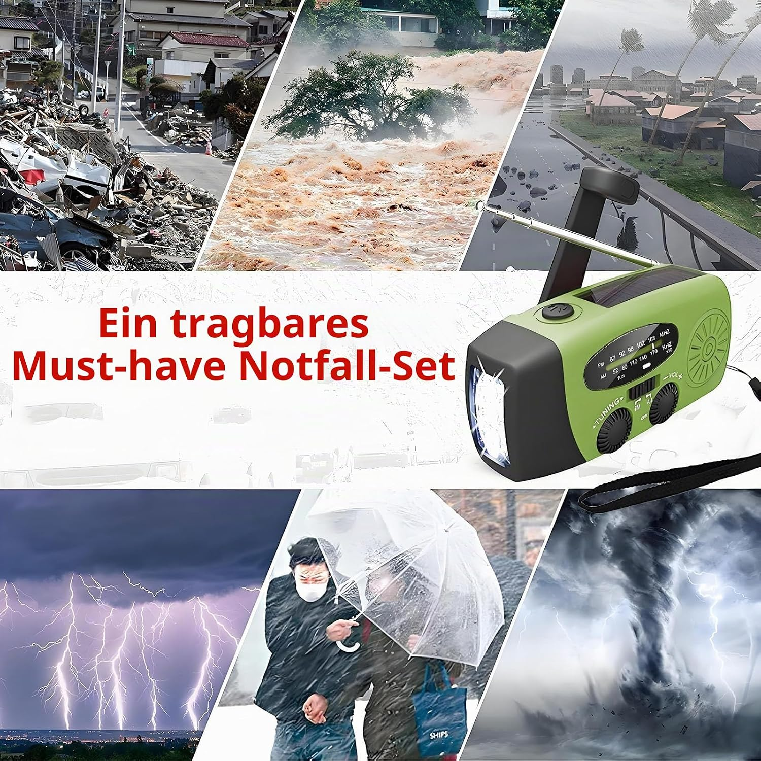 Ein tragbares grünes Notfallradio mit Lampe, Handkurbel und Solarpanel, umgeben von Bildern verschiedener Katastrophen.
