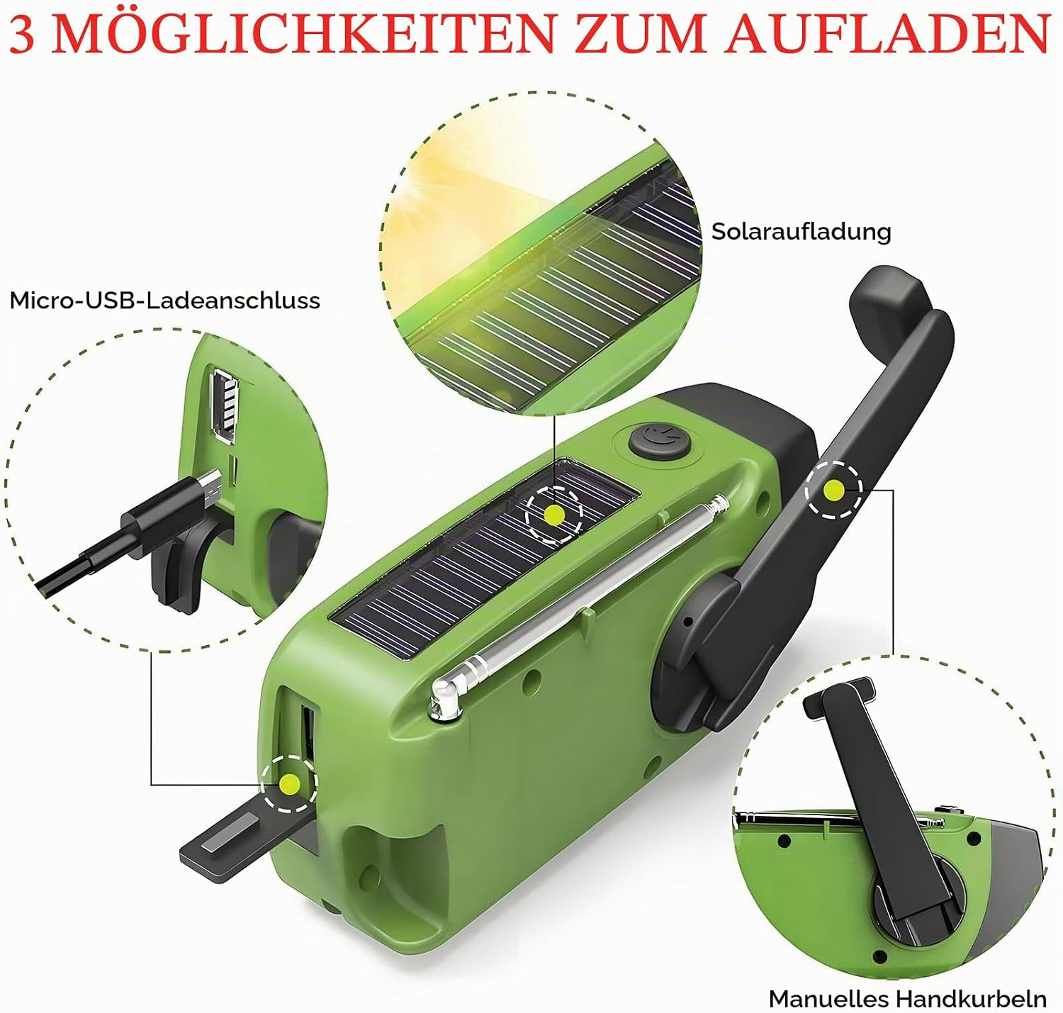 Grüne Notfall-Handkurbel-Radio mit drei Ladeoptionen: Solar, USB und Handkurbel.