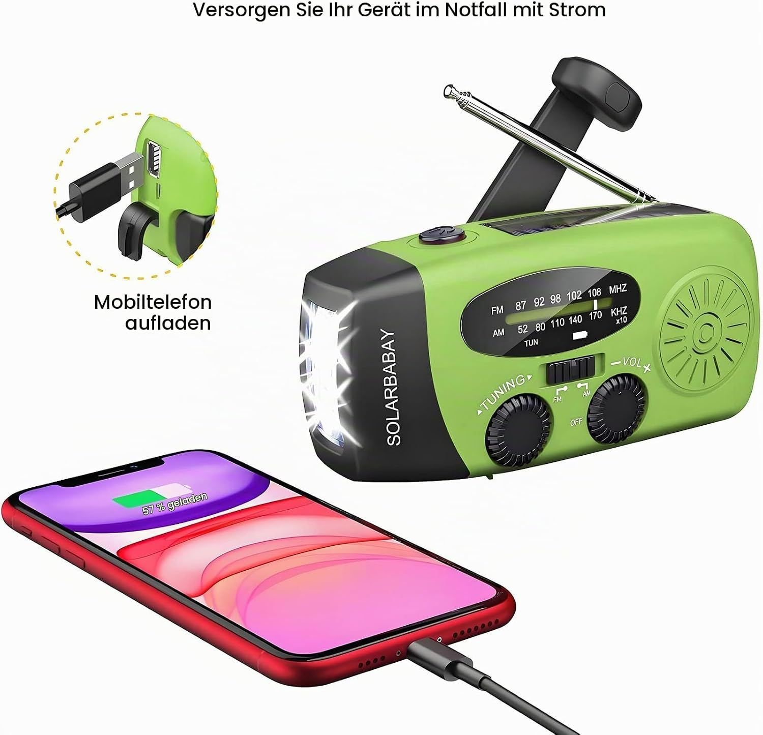 Grünes Notfallradio mit Kurbel und Solarpanel, das ein rotes Smartphone auflädt.