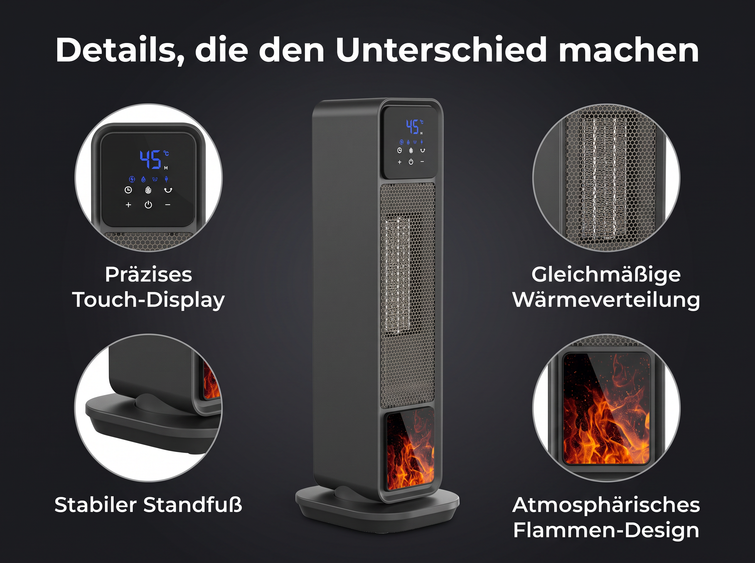 Schwarzer Turmheizer mit Touch-Display, stabiler Basis, gleichmäßiger Wärmeverteilung und Flammendesign.