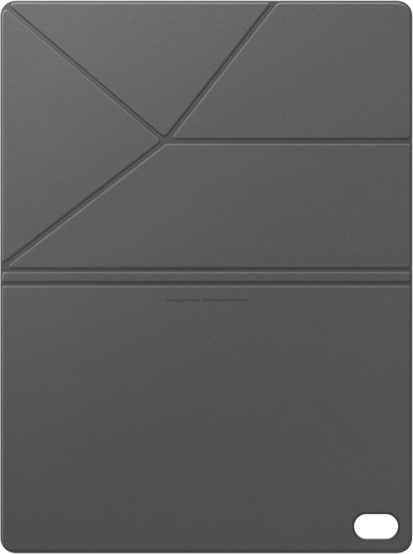 Una custodia grigia per tablet con motivo geometrico pieghevole e ritaglio per fotocamera.