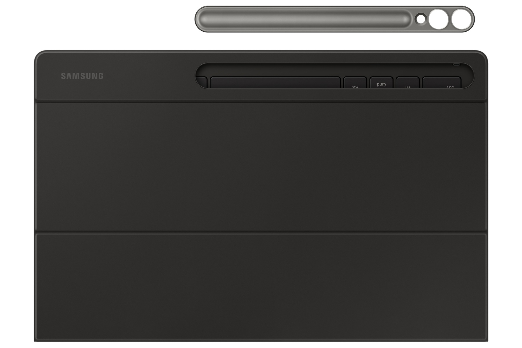 Una custodia nera per tablet Samsung con porta stilo e una stilo grigia separata sopra.