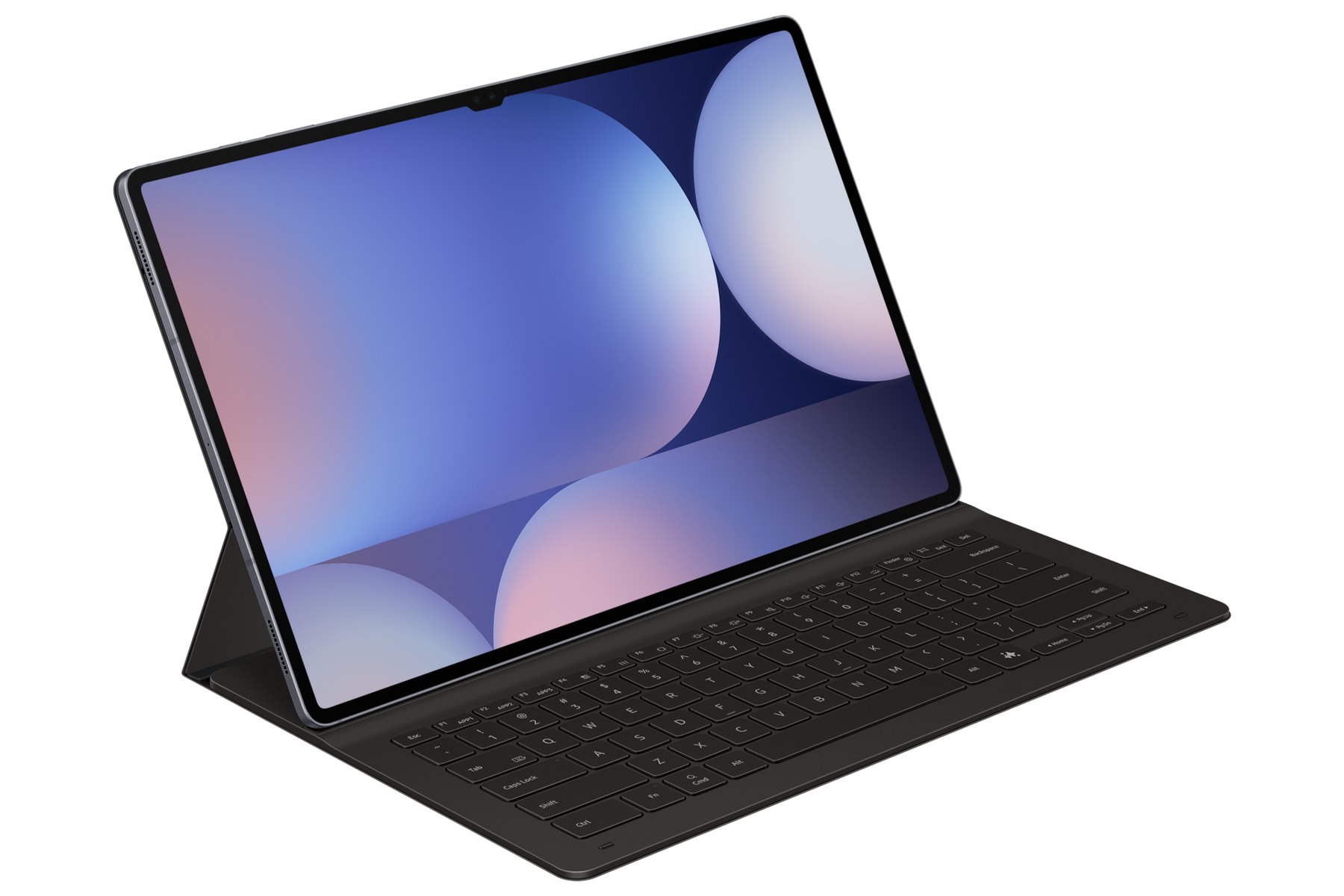 Un tablet con sfondo astratto blu è collegato a una custodia con tastiera nera su sfondo bianco.
