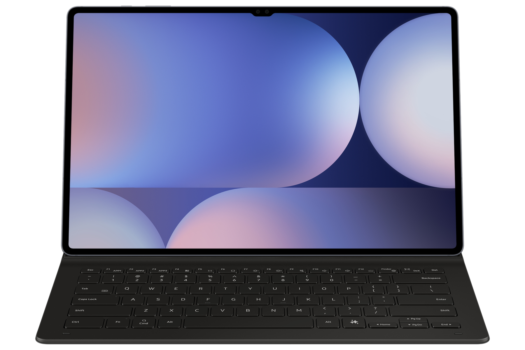 Un tablet nero con uno sfondo astratto colorato, collegato a una tastiera nera su sfondo bianco.