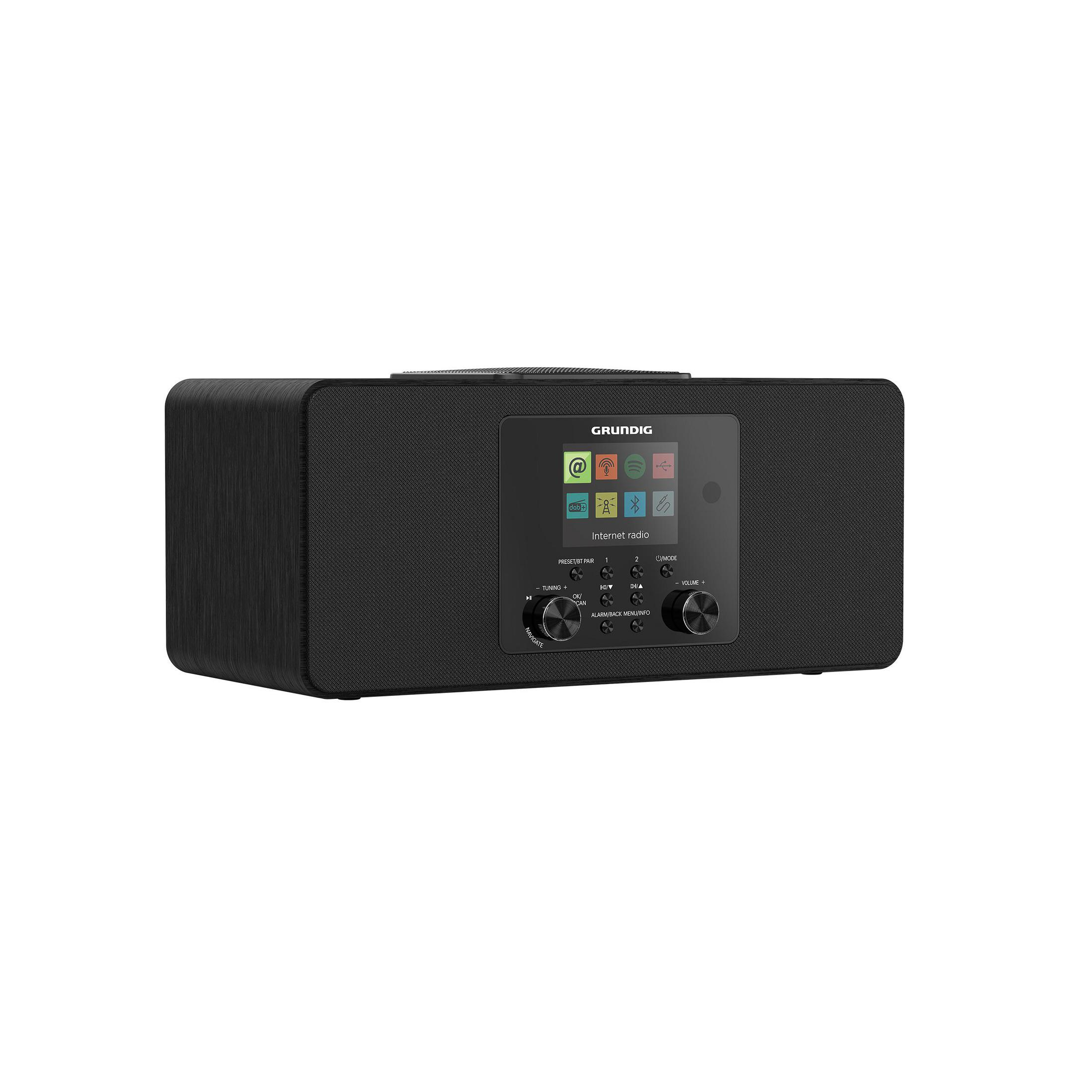 Schwarzes Grundig Internetradio mit Farbdisplay, physischen Tasten und zwei Drehreglern auf der Vorderseite.