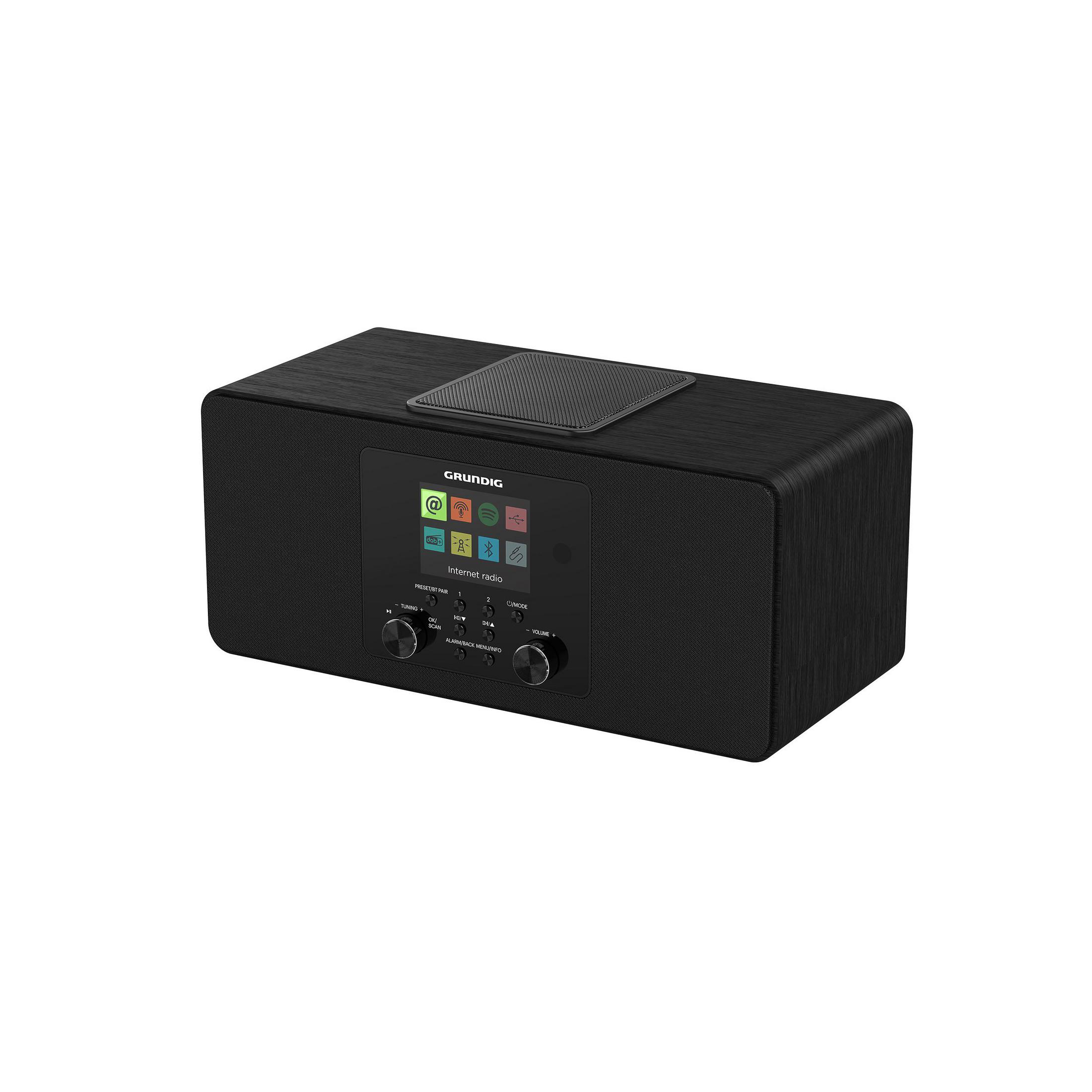 Schwarzes Internetradio von Grundig mit Display und Drehknöpfen auf weißem Hintergrund.