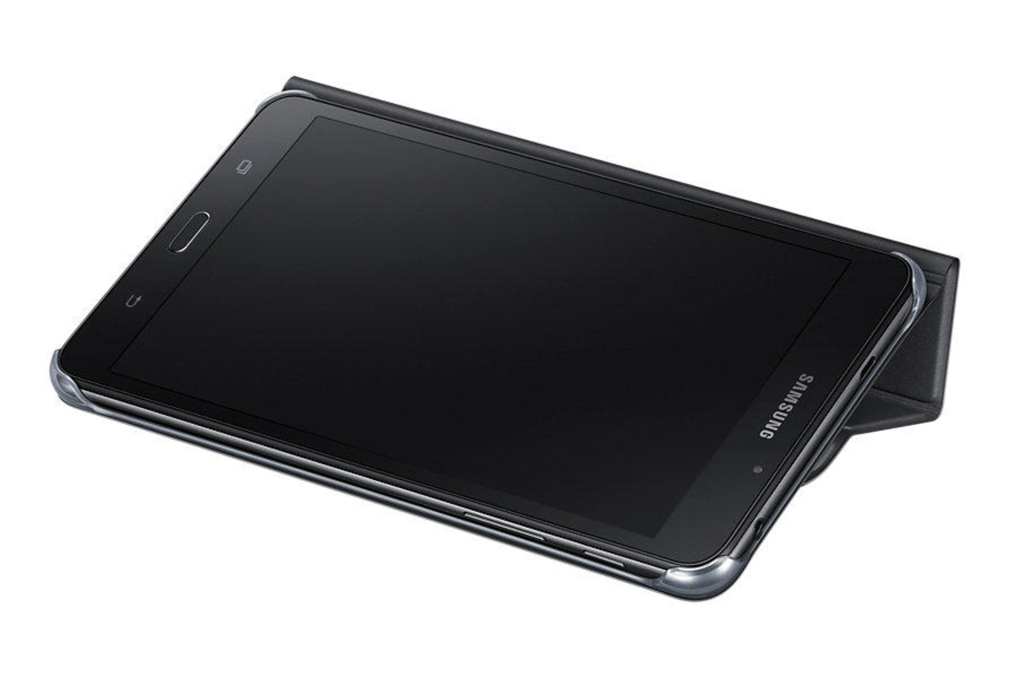Un tablet Samsung nero con custodia protettiva nera si trova in diagonale su una superficie bianca.