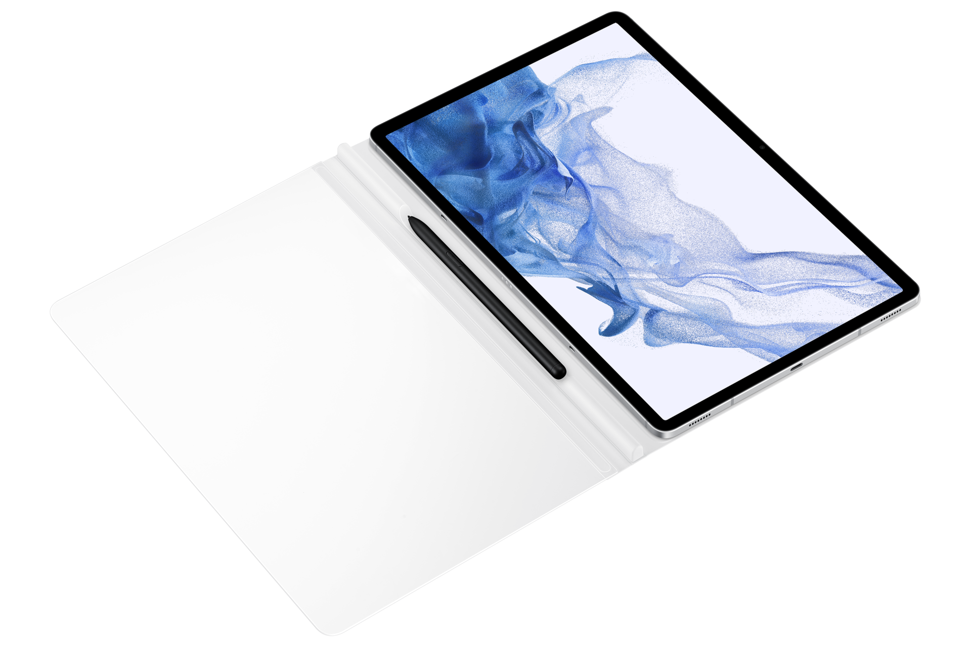 Ein Tablet mit blauem Bildschirm und schwarzem Stift in einer weißen Schutzhülle auf schwarzem Hintergrund.